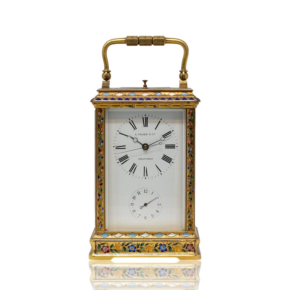 Cast Chinese Market Champleve Enamel Carriage Clock by L. Vrard & Co For Sale