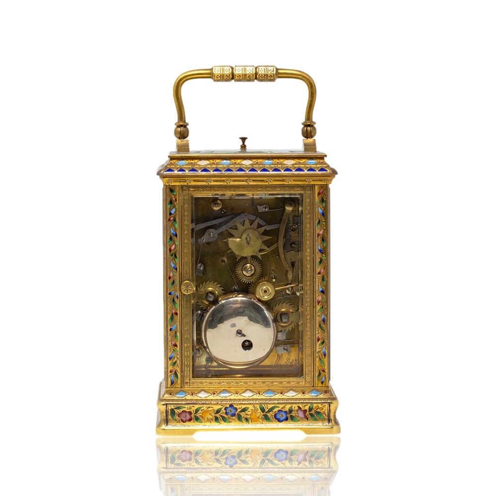 19th Century Chinese Market Champleve Enamel Carriage Clock by L. Vrard & Co For Sale
