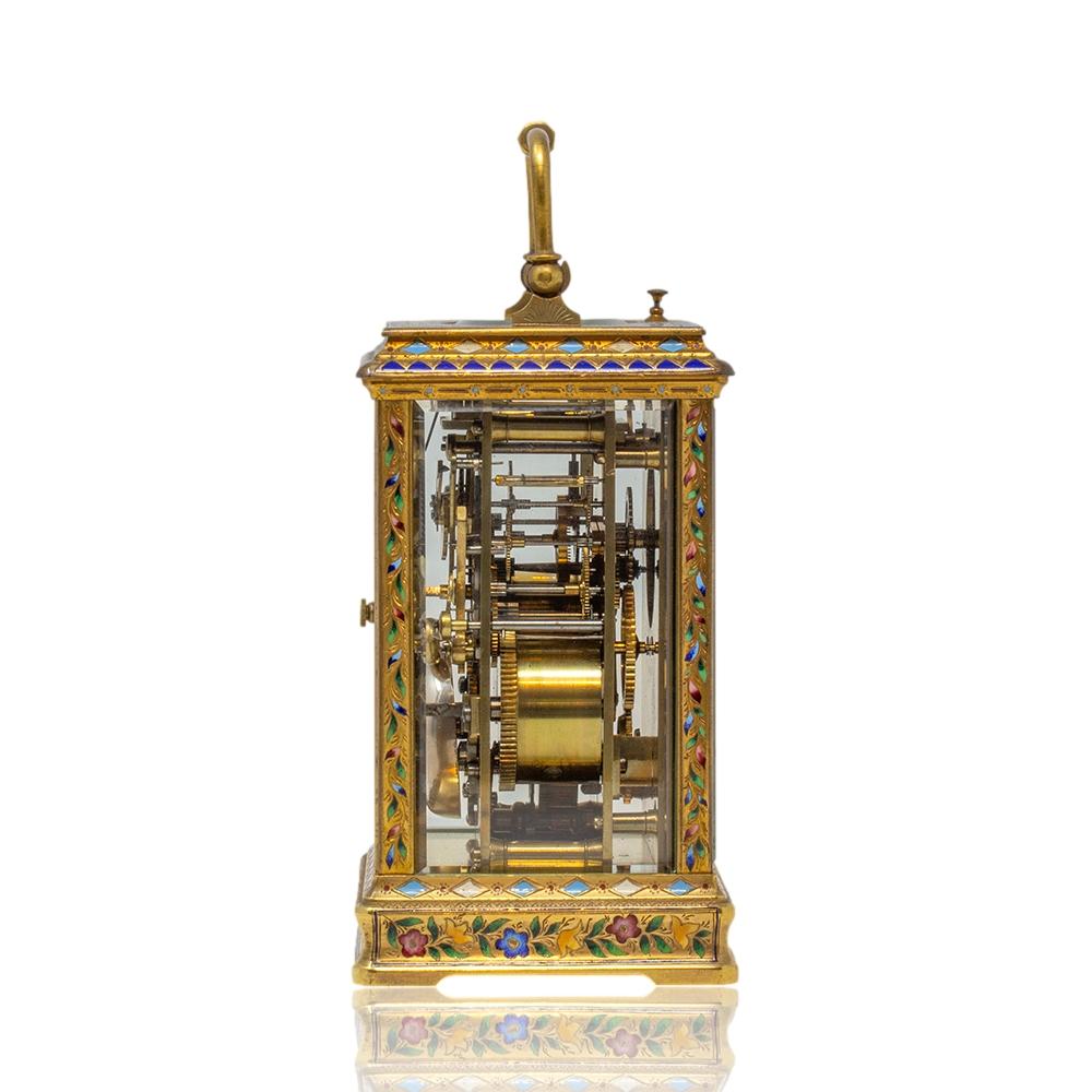 Brass Chinese Market Champleve Enamel Carriage Clock by L. Vrard & Co For Sale