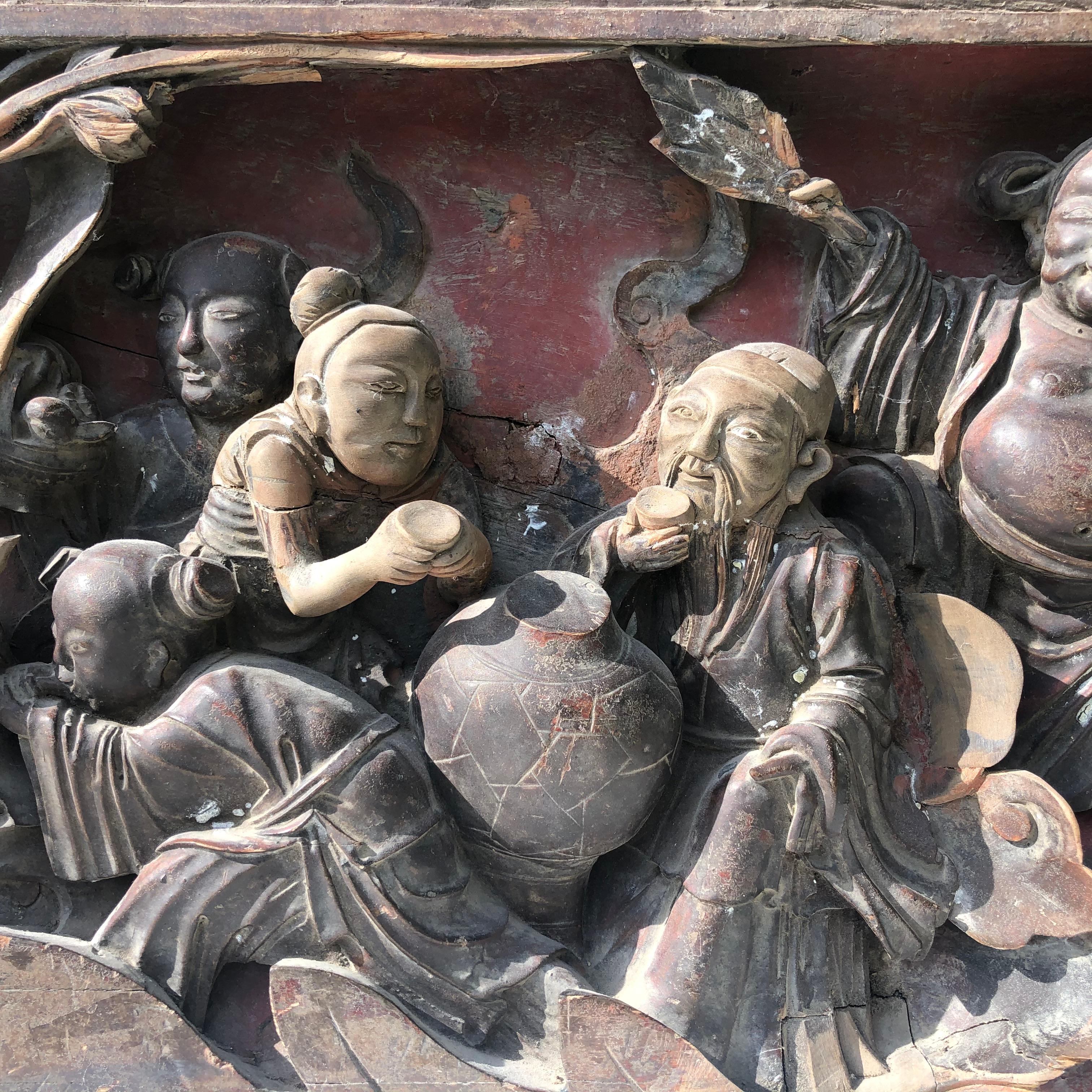 Qing Chinese Antique Immortal Gods Wall Sculpture, 109 Inches