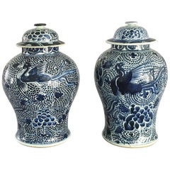 Chinese Matched Pair of Blue and White Vases and Lids