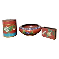 Antique Chinese Matching Cloisonné Enamel Cigarette Case, Match Slot and Ashtray, 19c