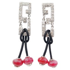 Chinese Meander Pattern Diamond Dangle Drop Earrings with Ruby Beads 18K Gold