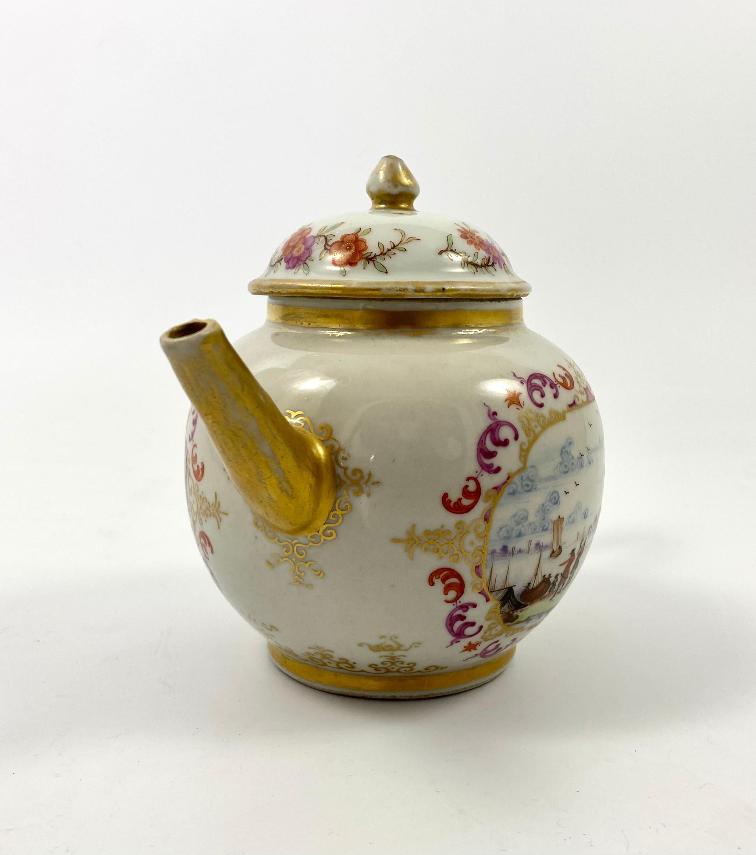 Rare Chinese ‘Export’ porcelain teapot and cover, c. 1760, Qianlong Period. Hand painted in the Meissen style, with panels of merchants in conversation, before harbour scenes. The panels edged in gilt-scrolled quatrelobed cartouche, beneath puce