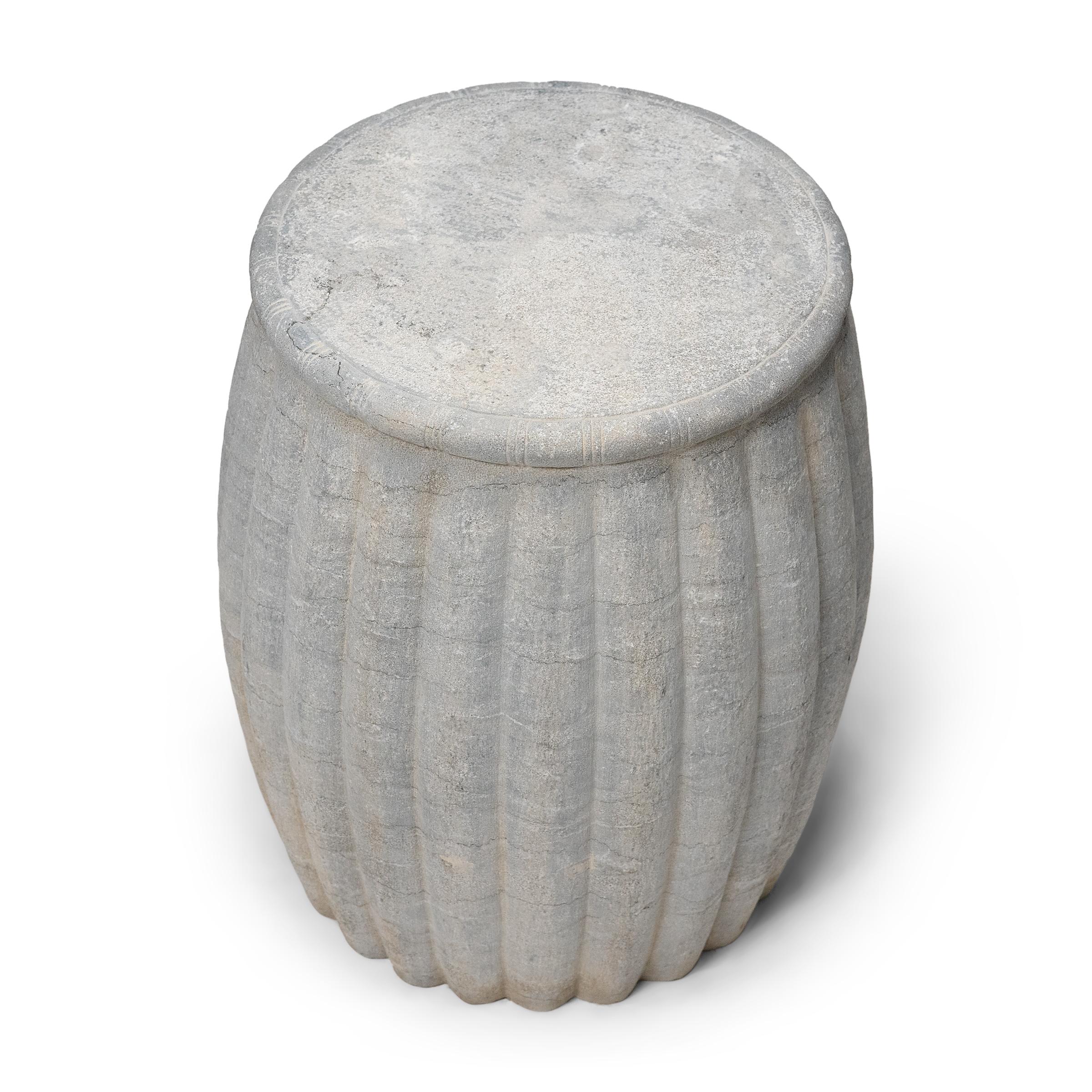 Carved Chinese Melon Stone Drum Table For Sale