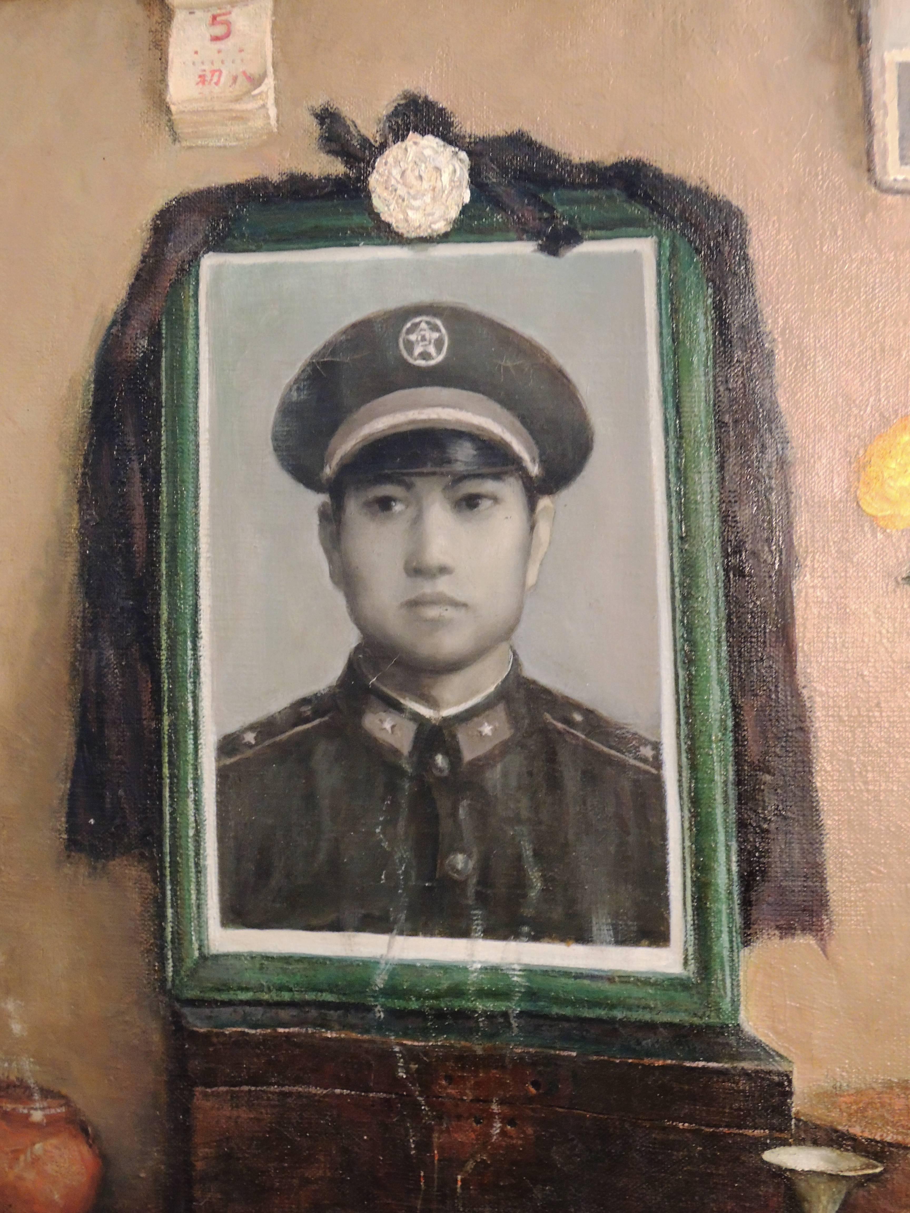 A touching memorial portrait painting, painted in China in 1988, acrylic on coarse canvas with a frame hand-painted by the artist. Mr. Quian emigrated to the United States bringing several earlier works. The roug-hewn quality of the materials add to