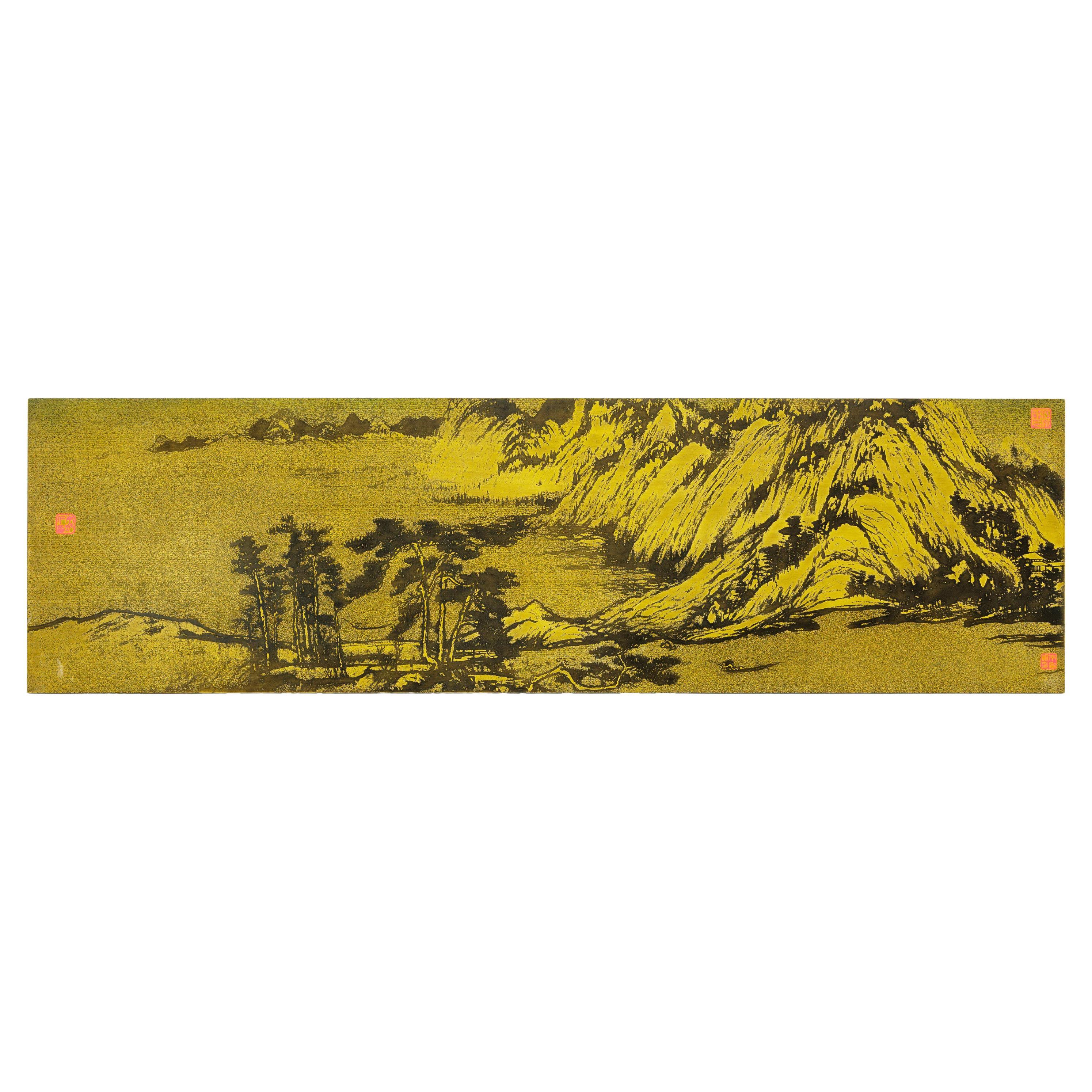 Panel mural chino de metal con paisaje de montaña y río en venta