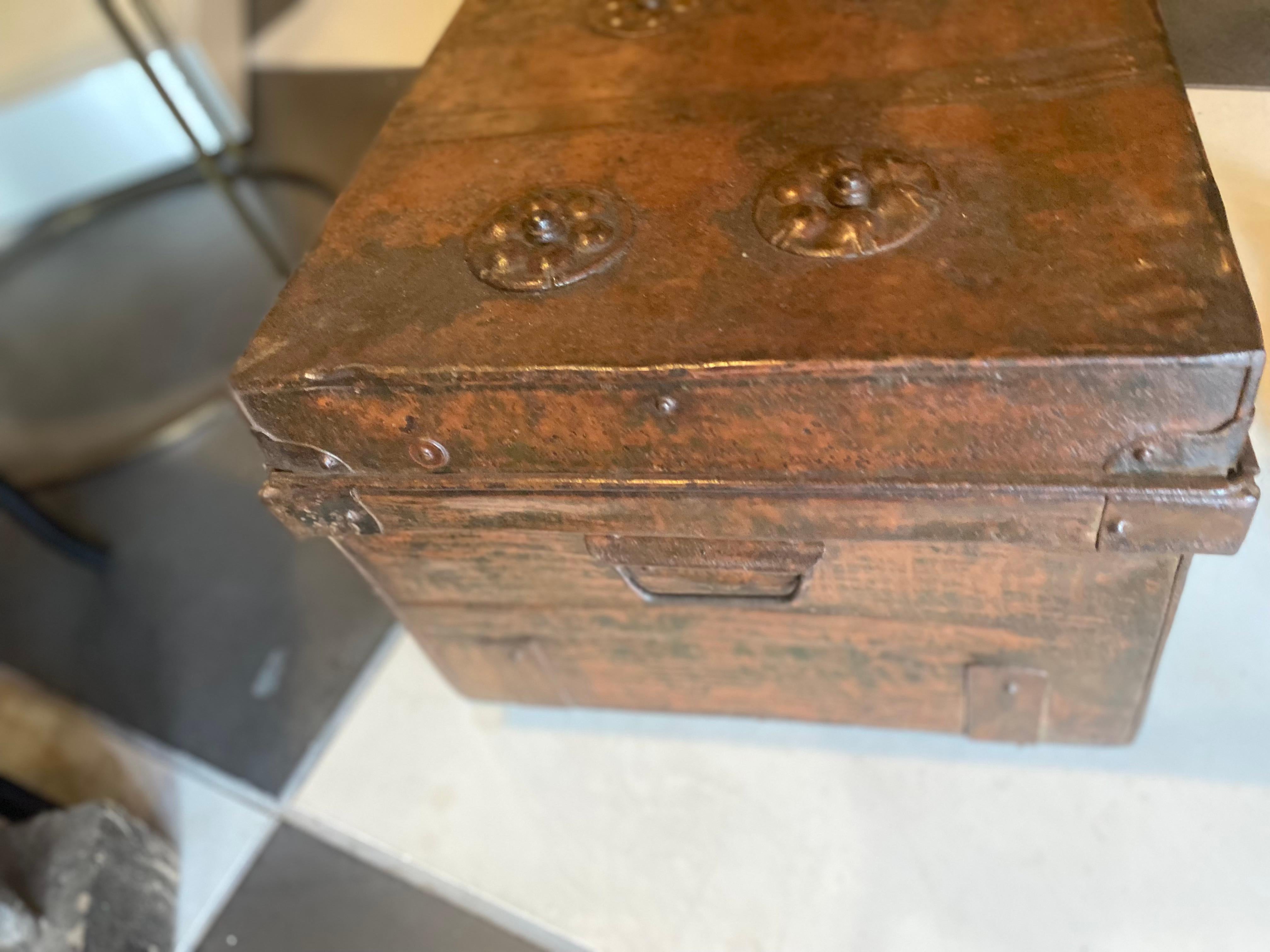 Hand-Crafted Chinese Metal Trunk W/ Bird Lock For Sale