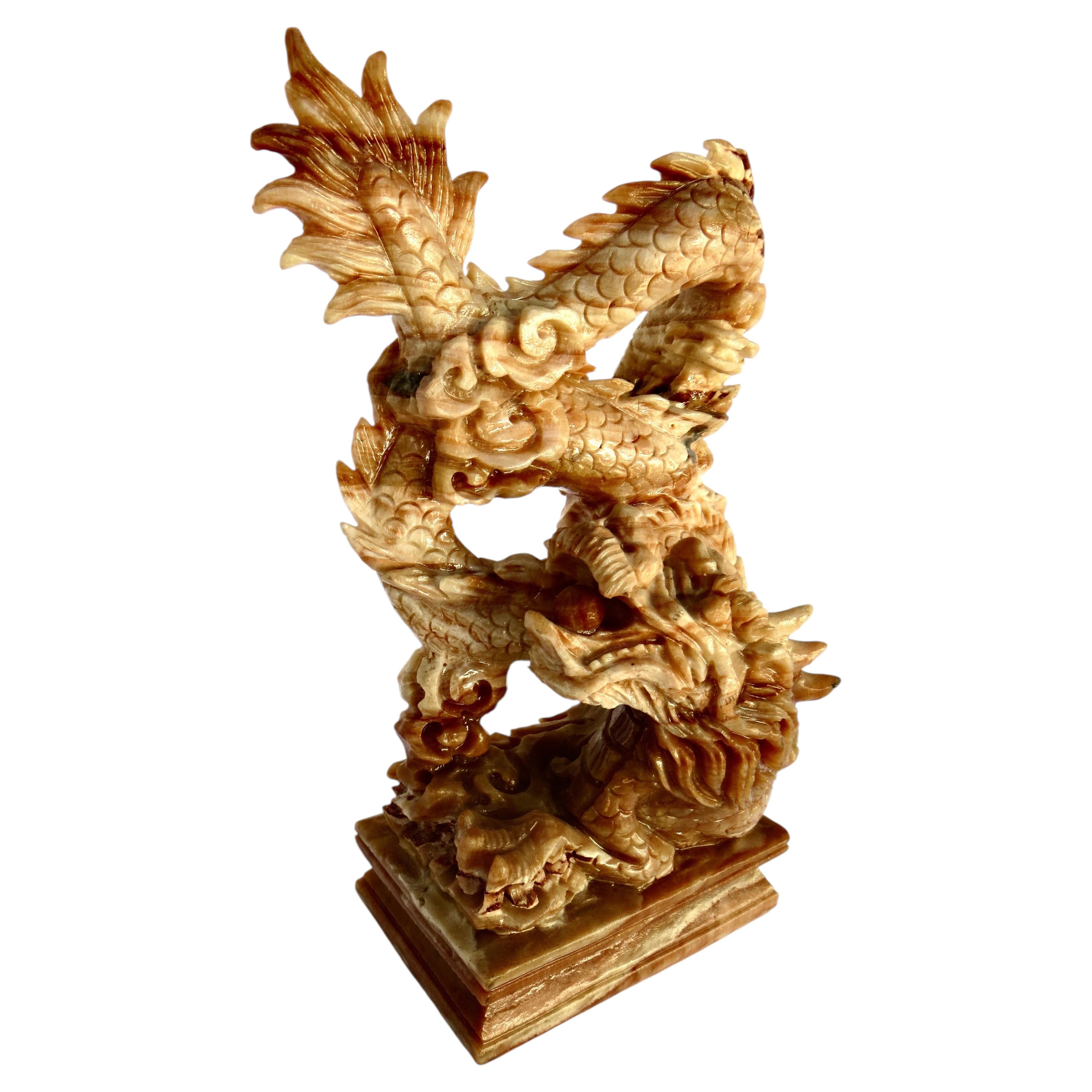Chinese Mid-20th Century Hand-Carved Banded Onyx Dragon Sculpture Circa 1960
