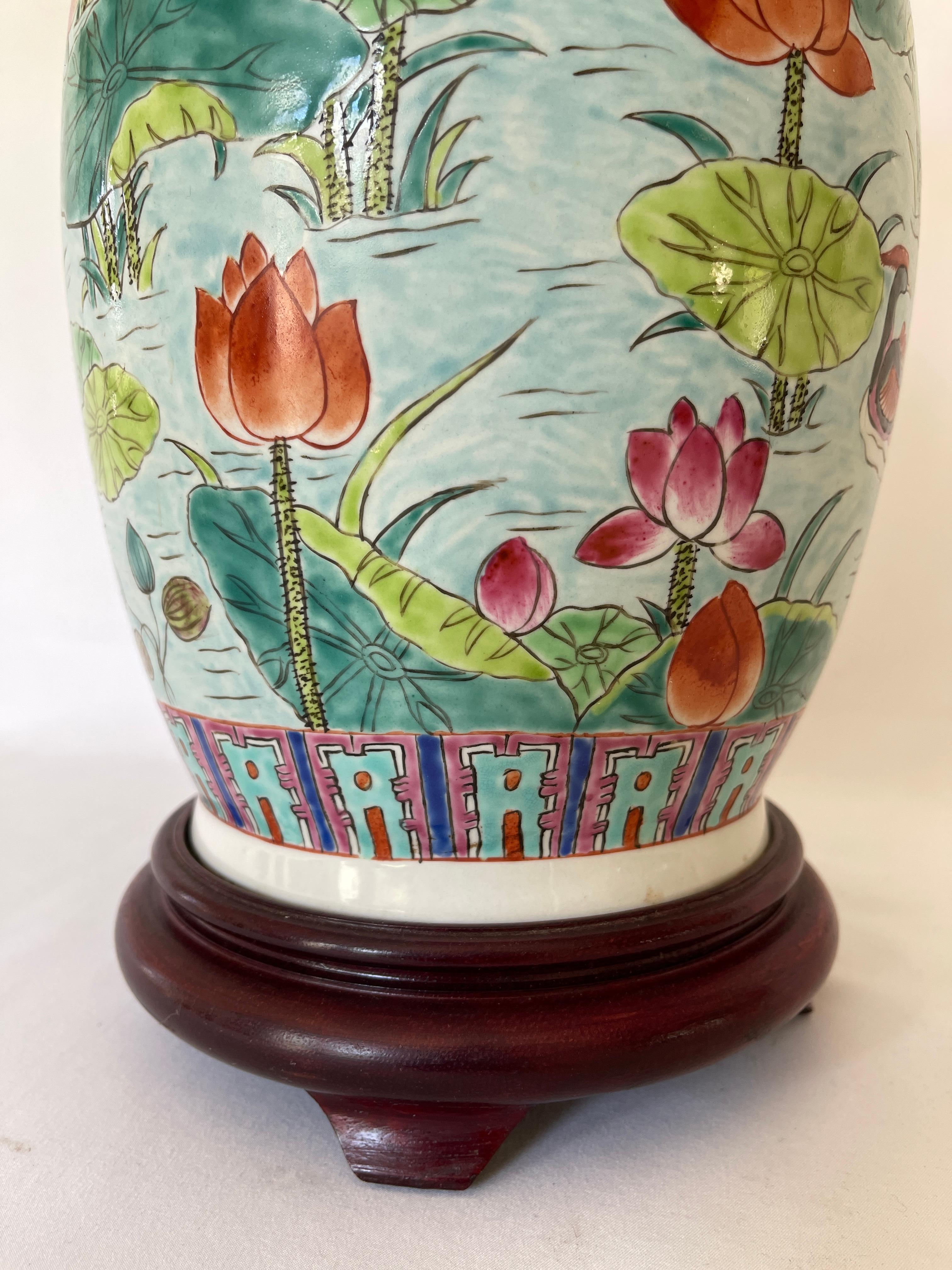Chinese Mid 20th Century Hand Painted Porcelain Baluster Vase Lotus Flower Lamp 3