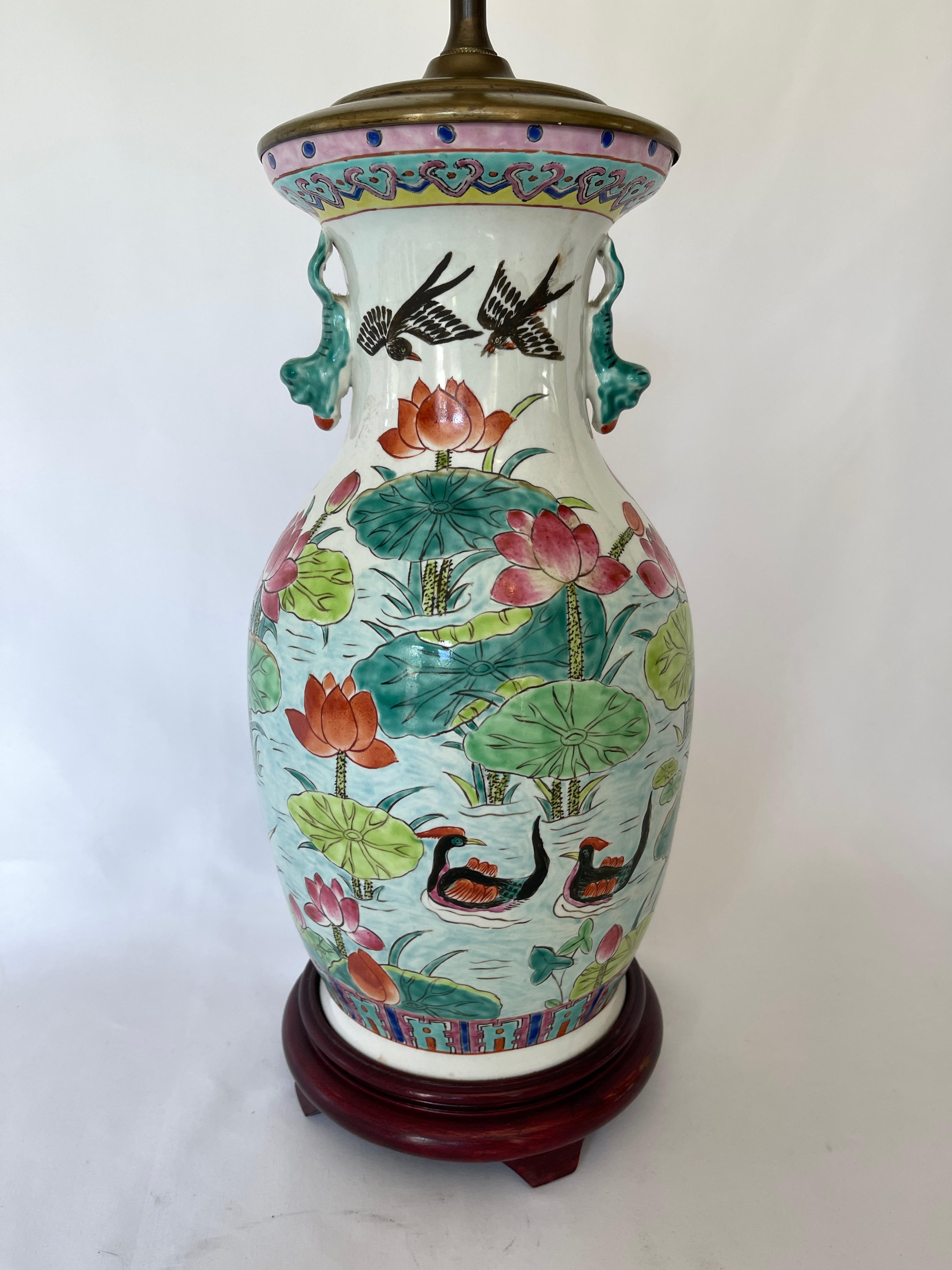 Chinese Mid 20th Century Hand Painted Porcelain Baluster Vase Lotus Flower Lamp 4