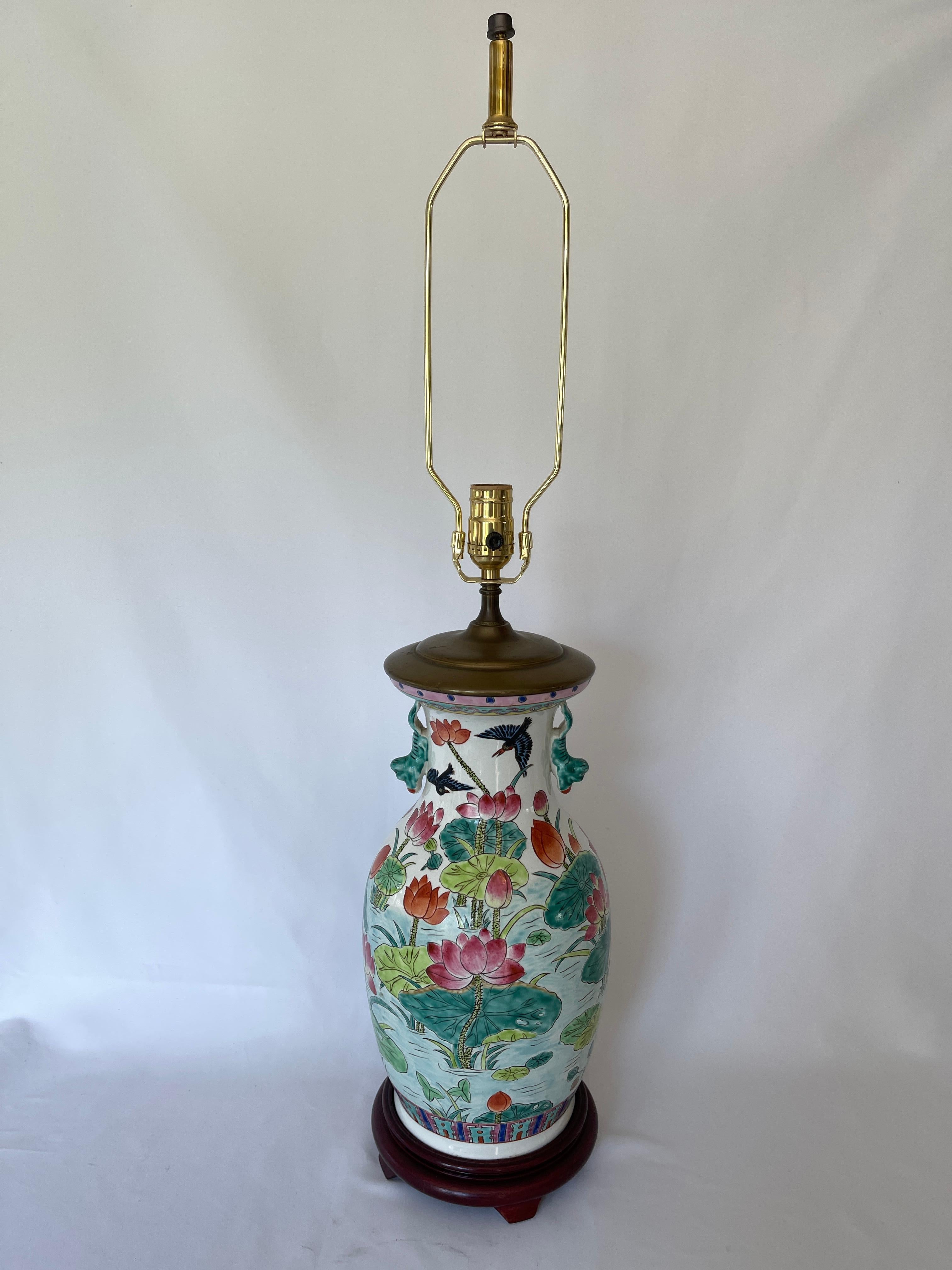 Chinese Mid 20th Century Hand Painted Porcelain Baluster Vase Lotus Flower Lamp 5