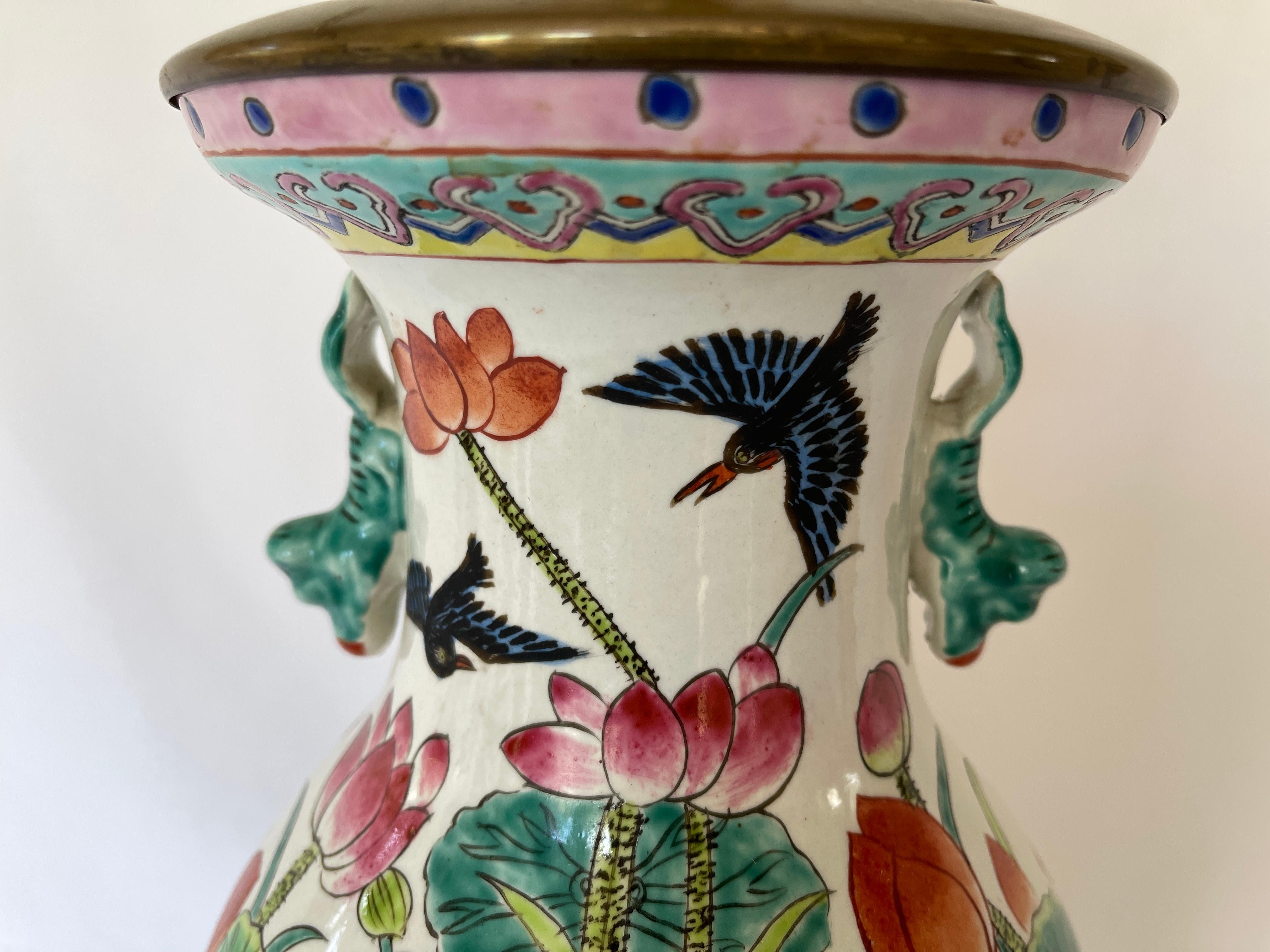 Chinoiserie Chinese Mid 20th Century Hand Painted Porcelain Baluster Vase Lotus Flower Lamp