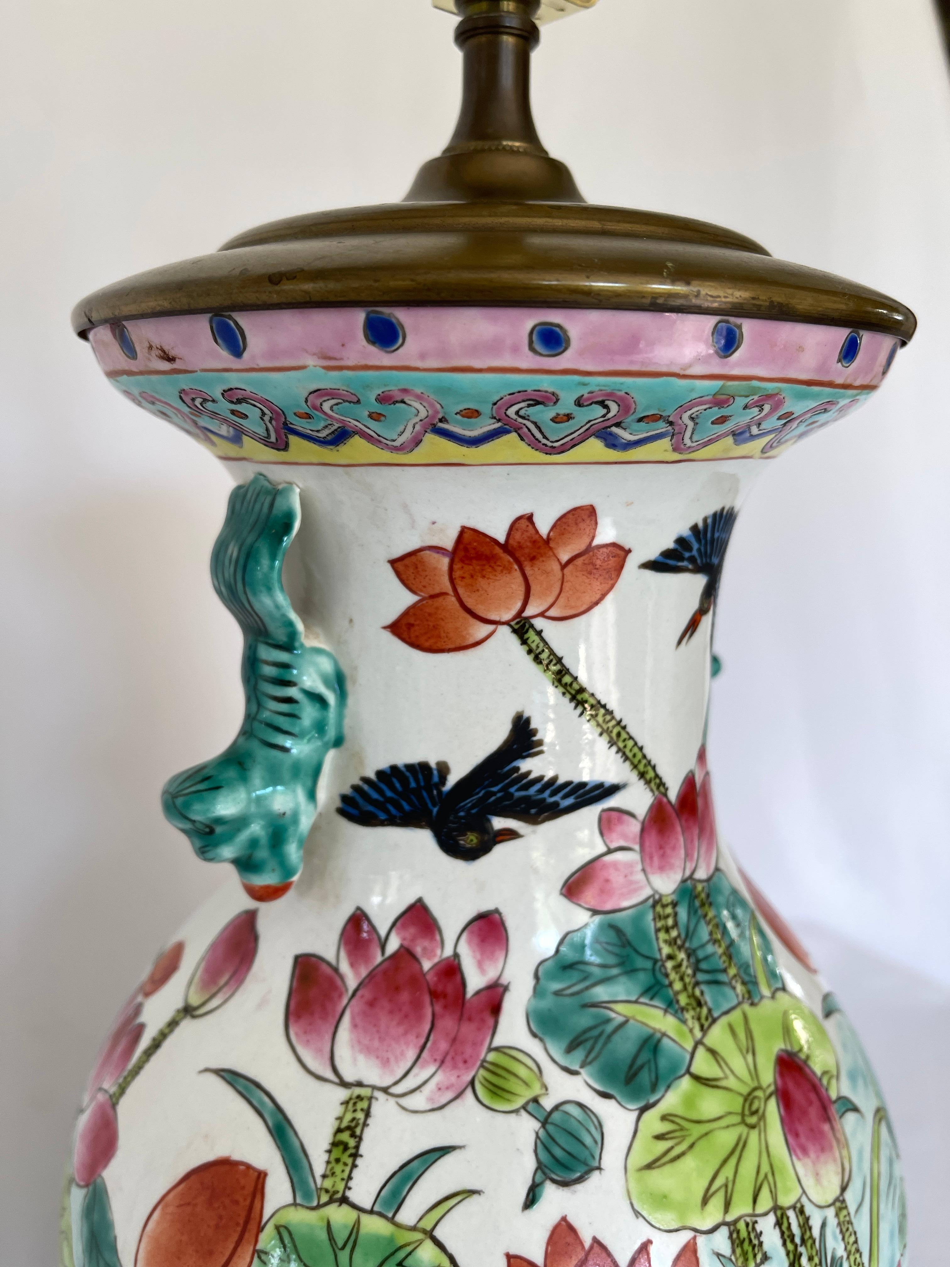 Hand-Painted Chinese Mid 20th Century Hand Painted Porcelain Baluster Vase Lotus Flower Lamp