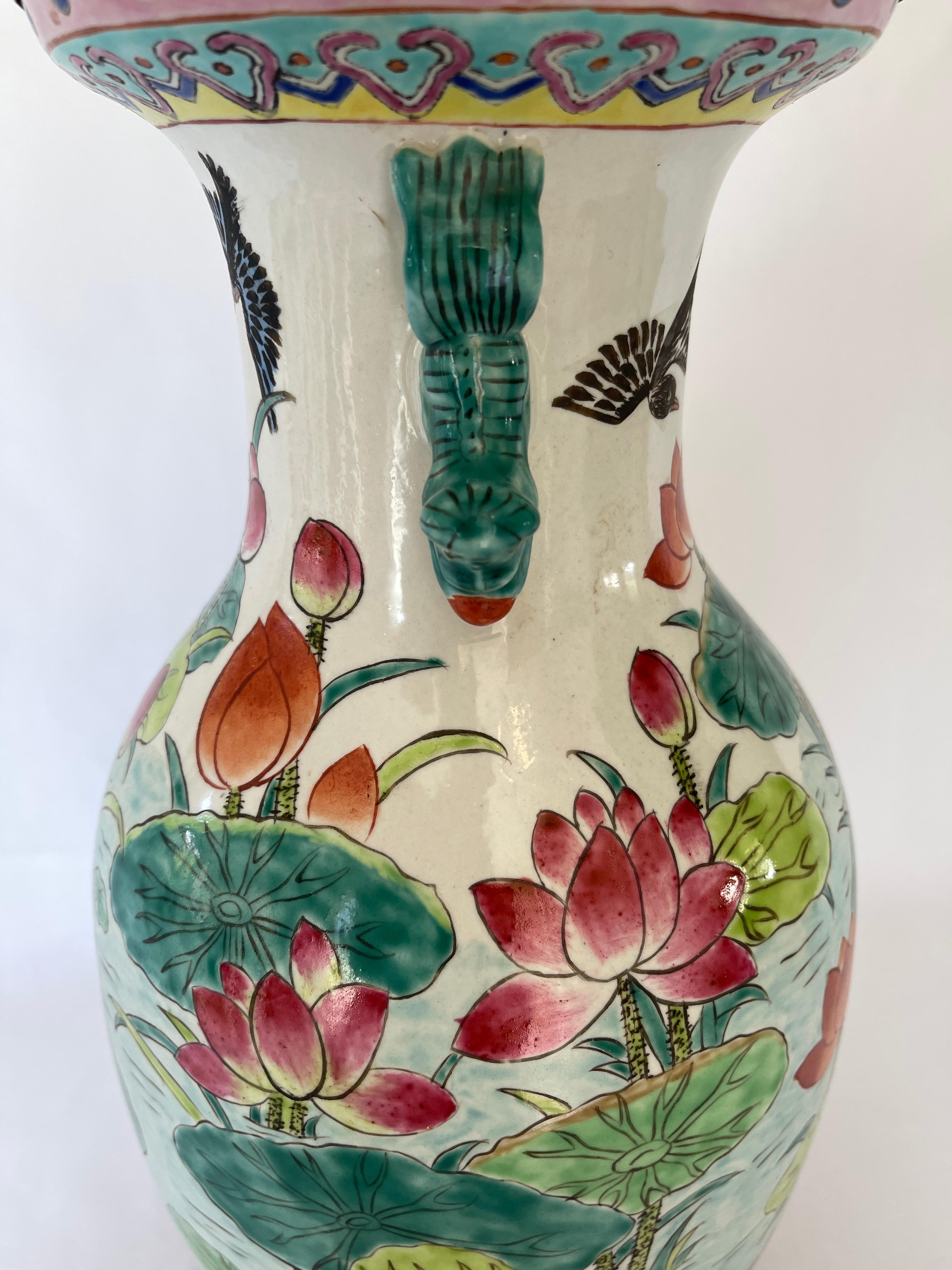Chinese Mid 20th Century Hand Painted Porcelain Baluster Vase Lotus Flower Lamp In Excellent Condition In New York, NY