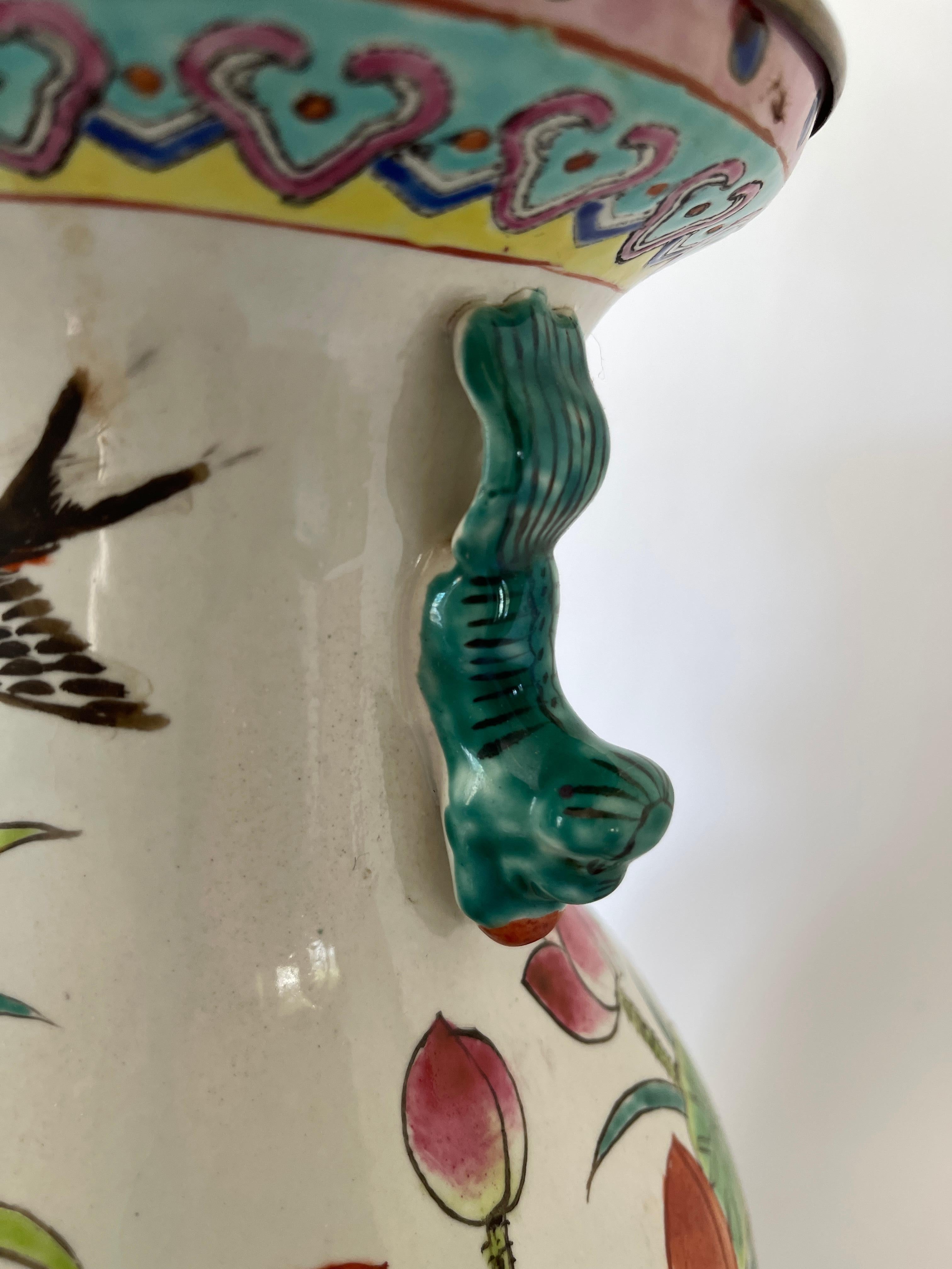 Chinese Mid 20th Century Hand Painted Porcelain Baluster Vase Lotus Flower Lamp 1