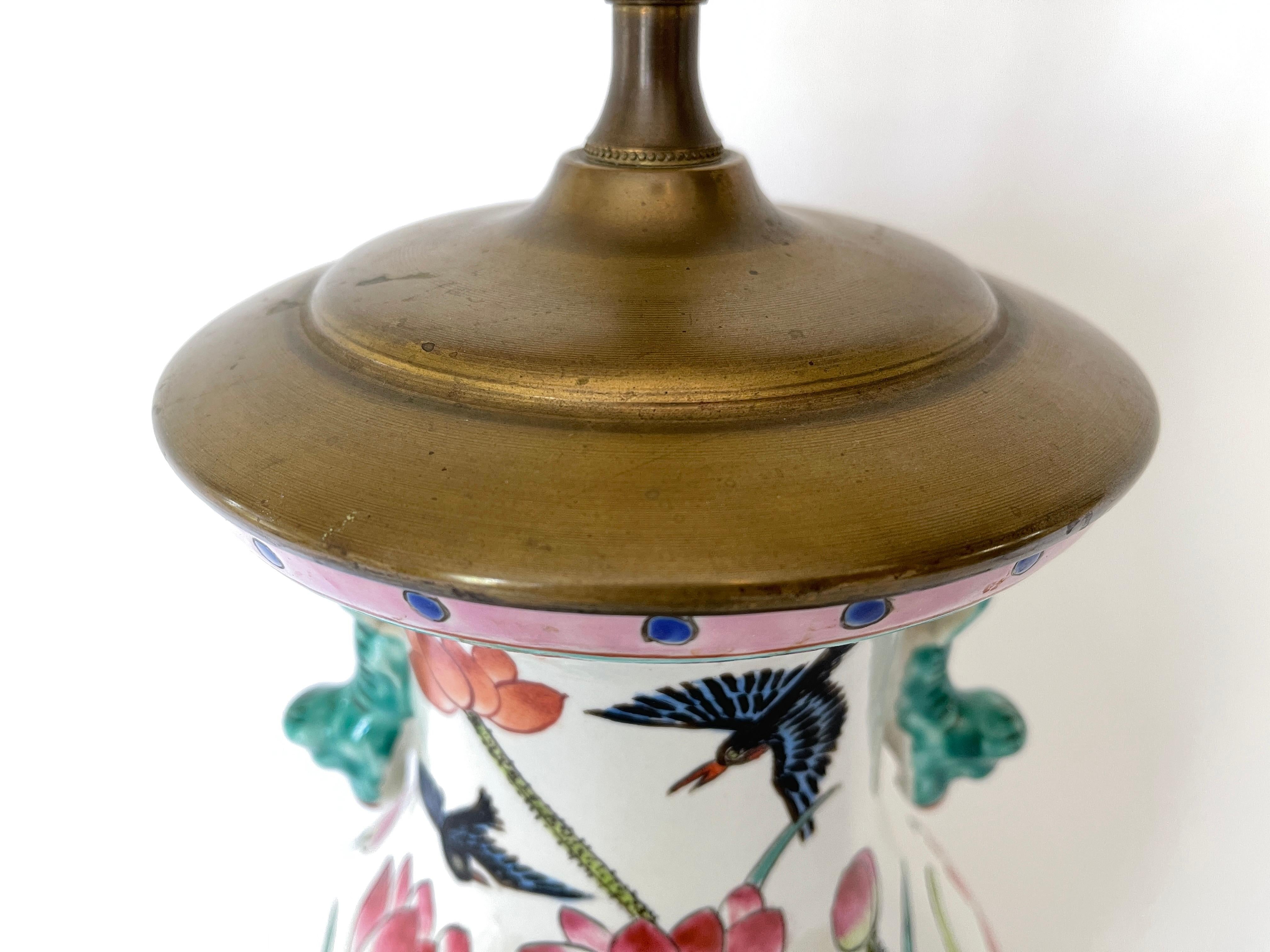 Chinese Mid 20th Century Hand Painted Porcelain Baluster Vase Lotus Flower Lamp 2