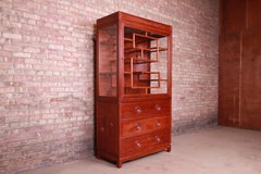 Chinese Mid-Century Carved Elmwood Glass Front Lighted Display Cabinet