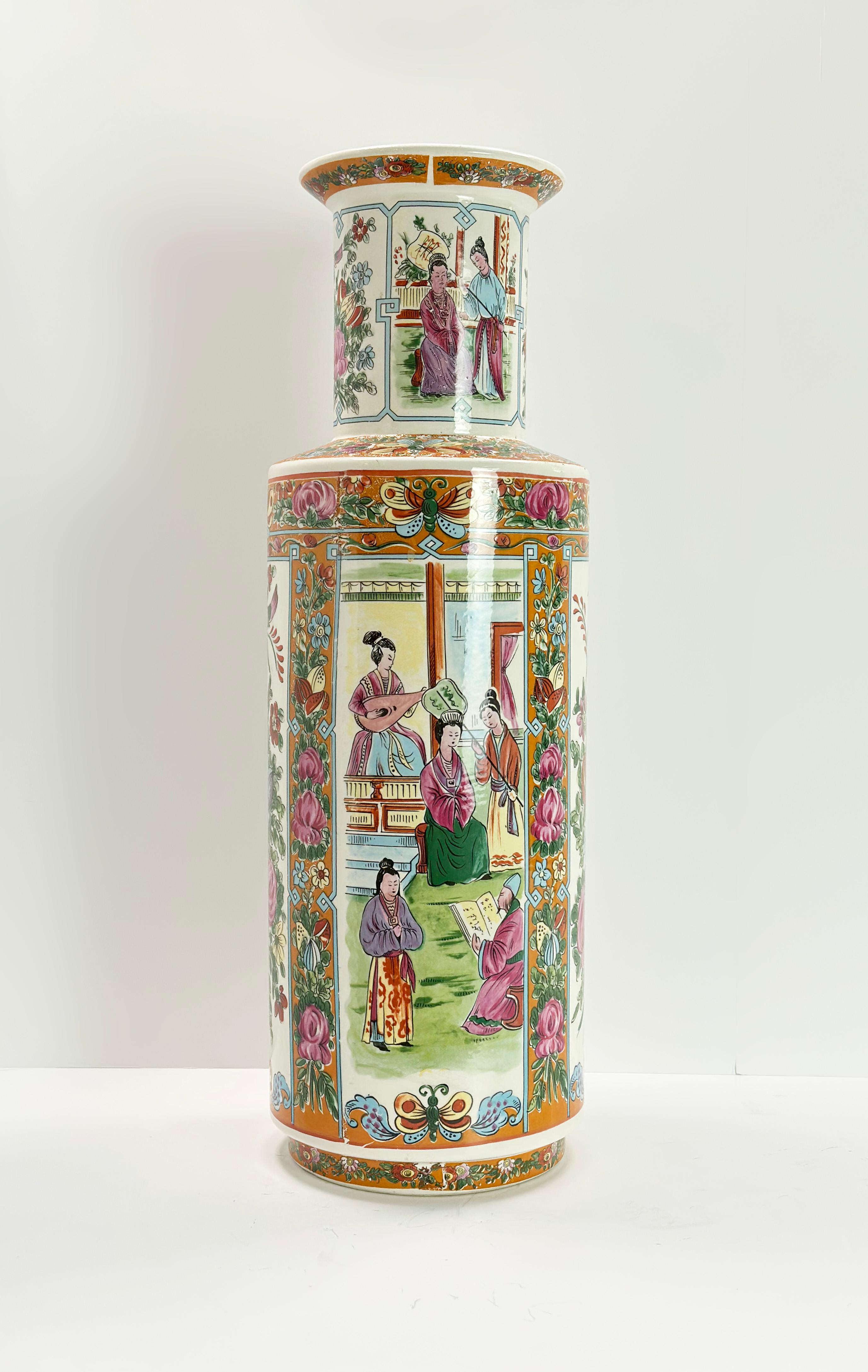 Mid-20th Century Chinese Mid Century Large Porcelain Famille Rose Rouleau Floor Vase 