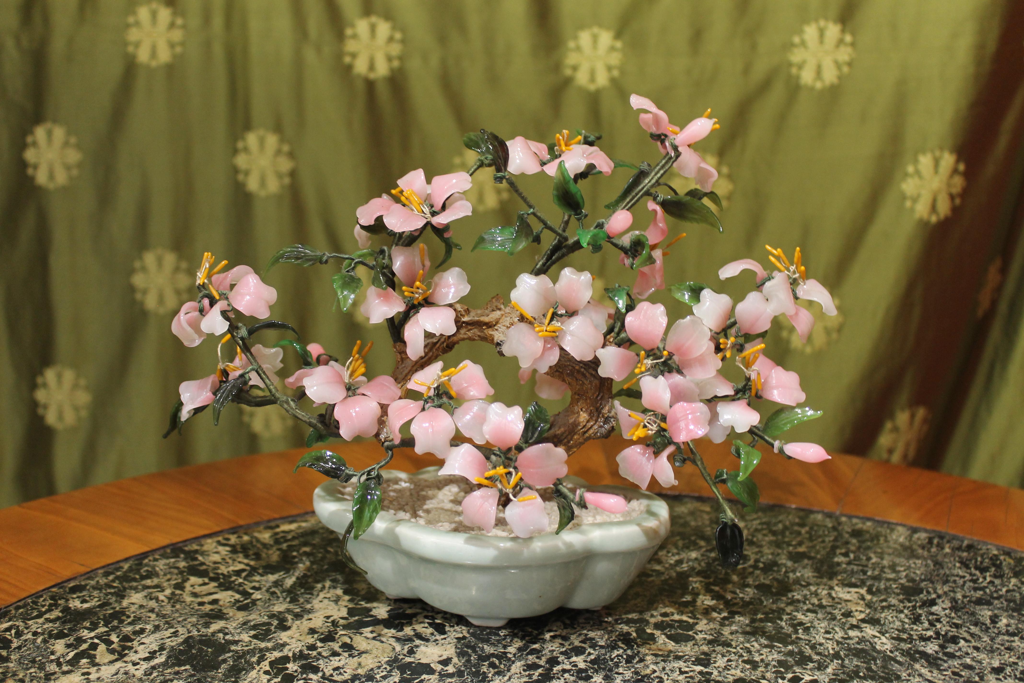 Chinese Mid-Century Modern Pink and Green Glass Fortune Tree in Porcelain Vase 8