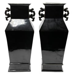 Chinese Mid-Century Pair of Black Glazed Ceramic Vases, Circa 1950