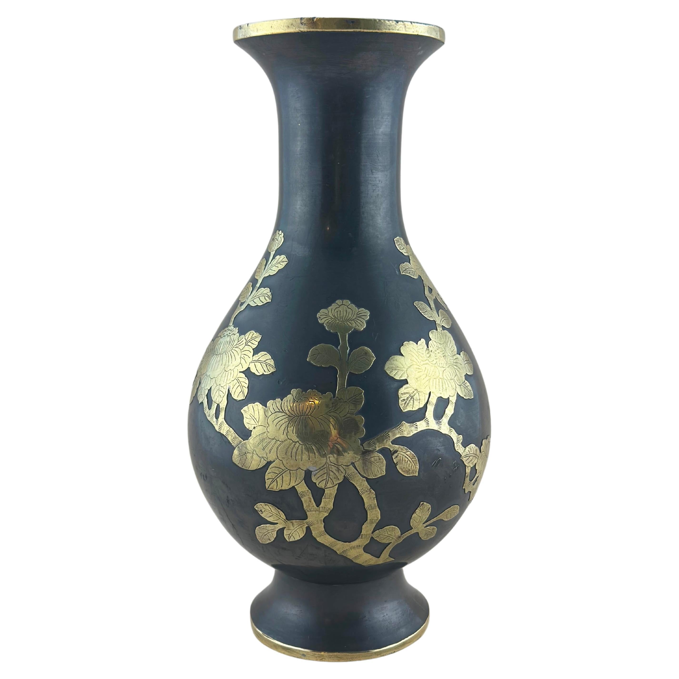 Chinese Brass and Pewter Prunus Vase