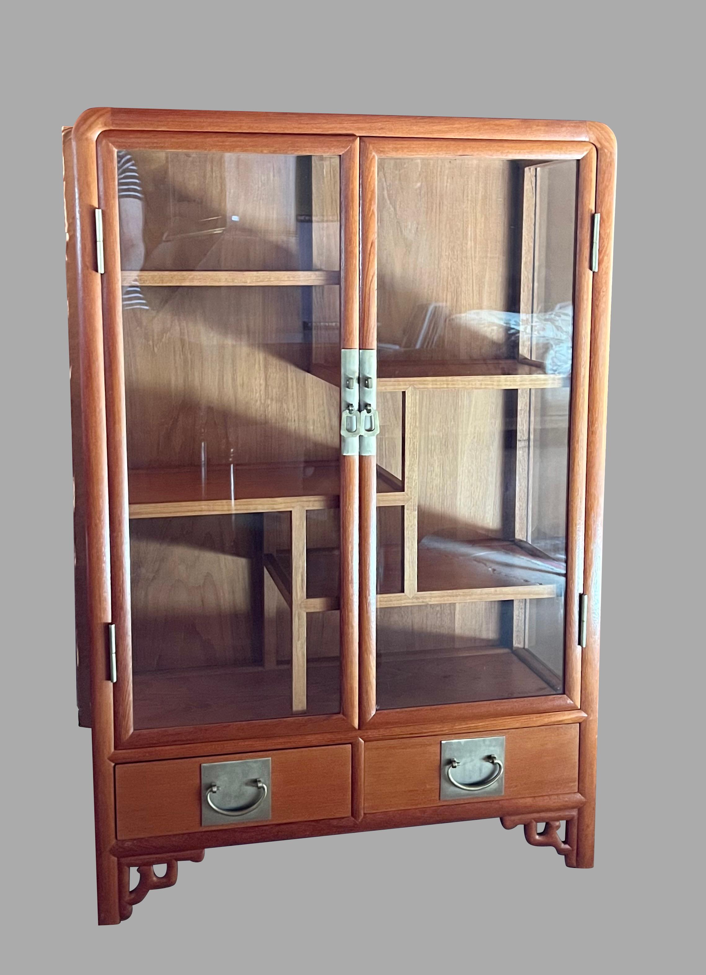 Modern Chinese Mid-Century Teak Glazed Double Door Display Case with 2 Drawers For Sale