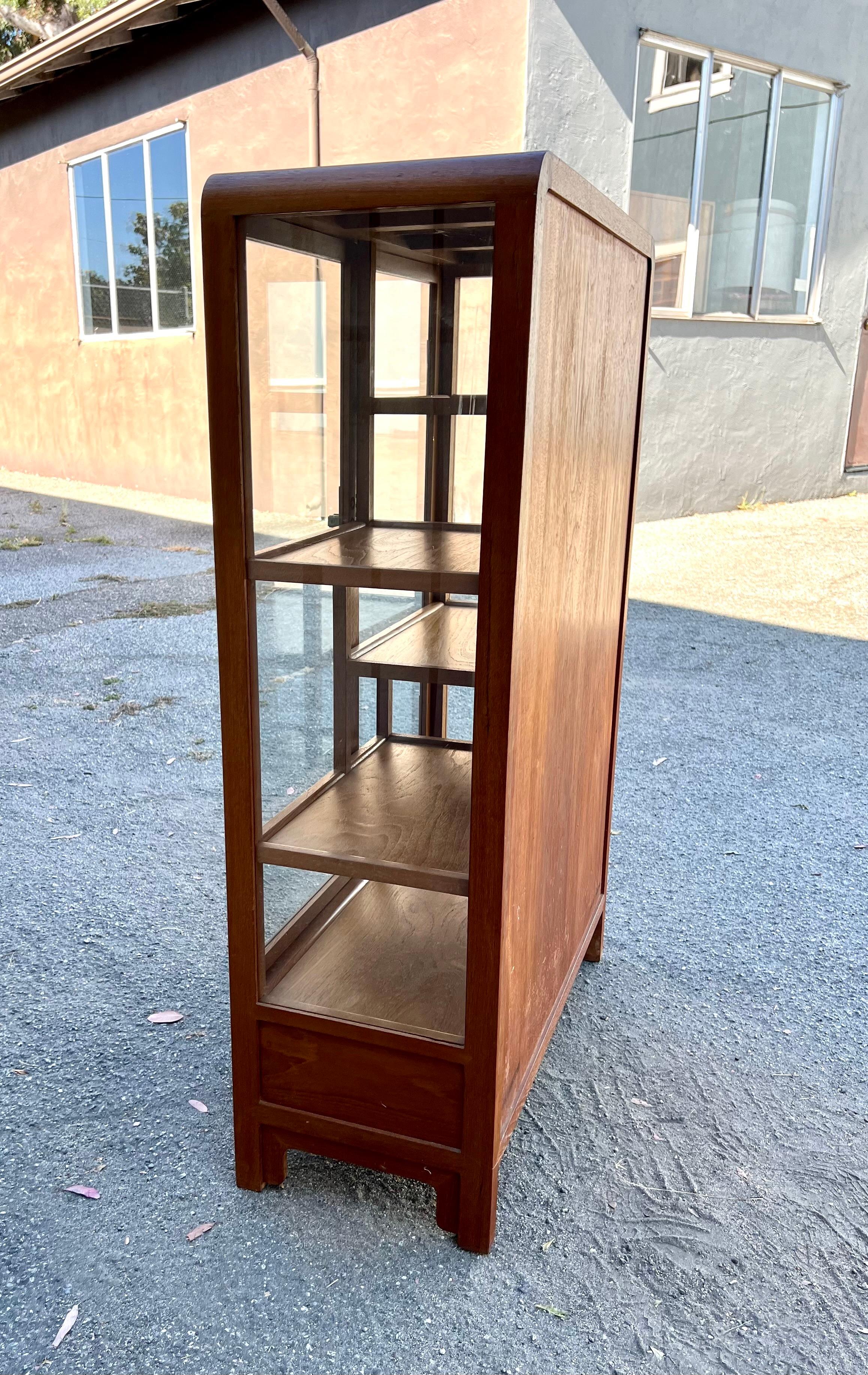 Glass Chinese Mid-Century Teak Glazed Double Door Display Case with 2 Drawers For Sale