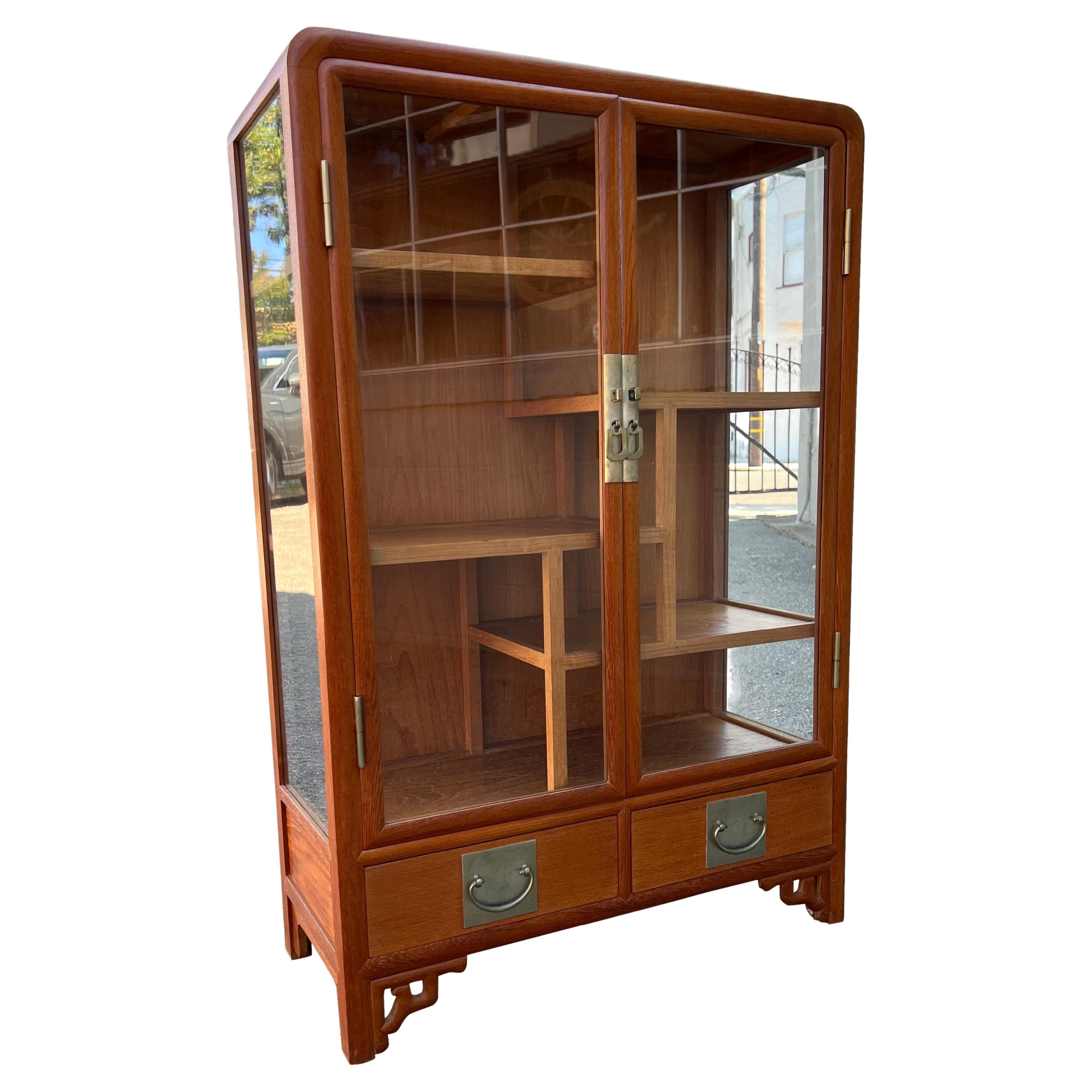 Chinese Mid-Century Teak Glazed Double Door Display Case with 2 Drawers For Sale