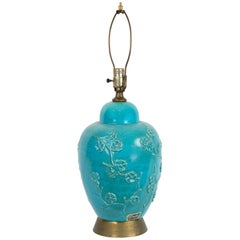 Lampe de table chinoise du milieu du siècle en porcelaine turquoise
