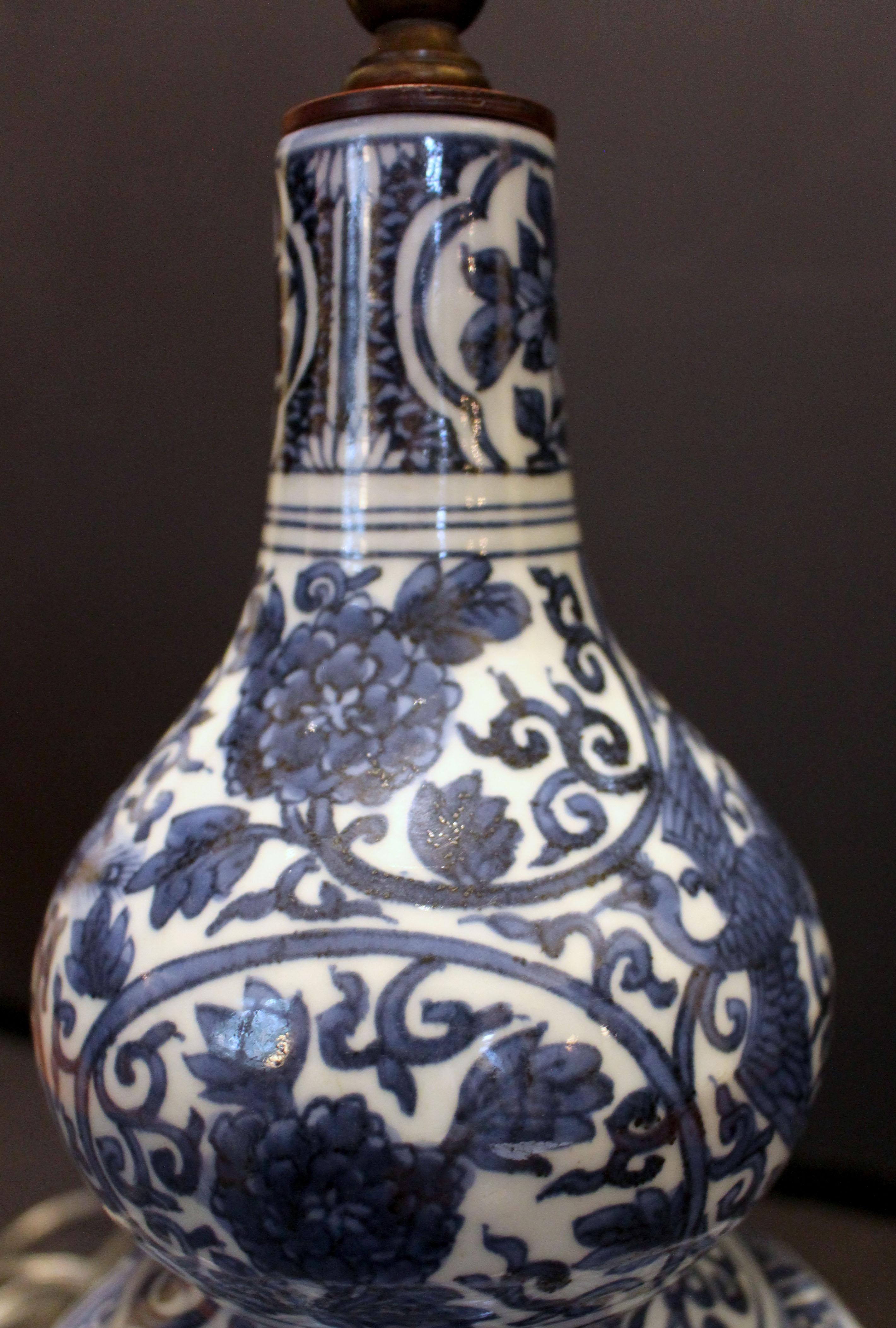 Ceramic Chinese Mid-Late 19th Century Blue & White Vase Lamp For Sale