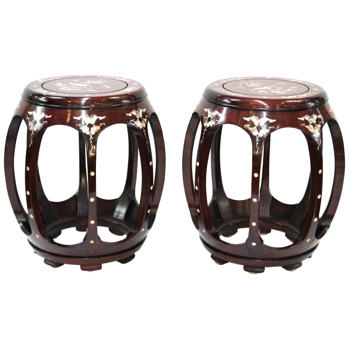 Chinese Late 20th Century Rosewood Garden Seats with Mother of Pearl Inlay