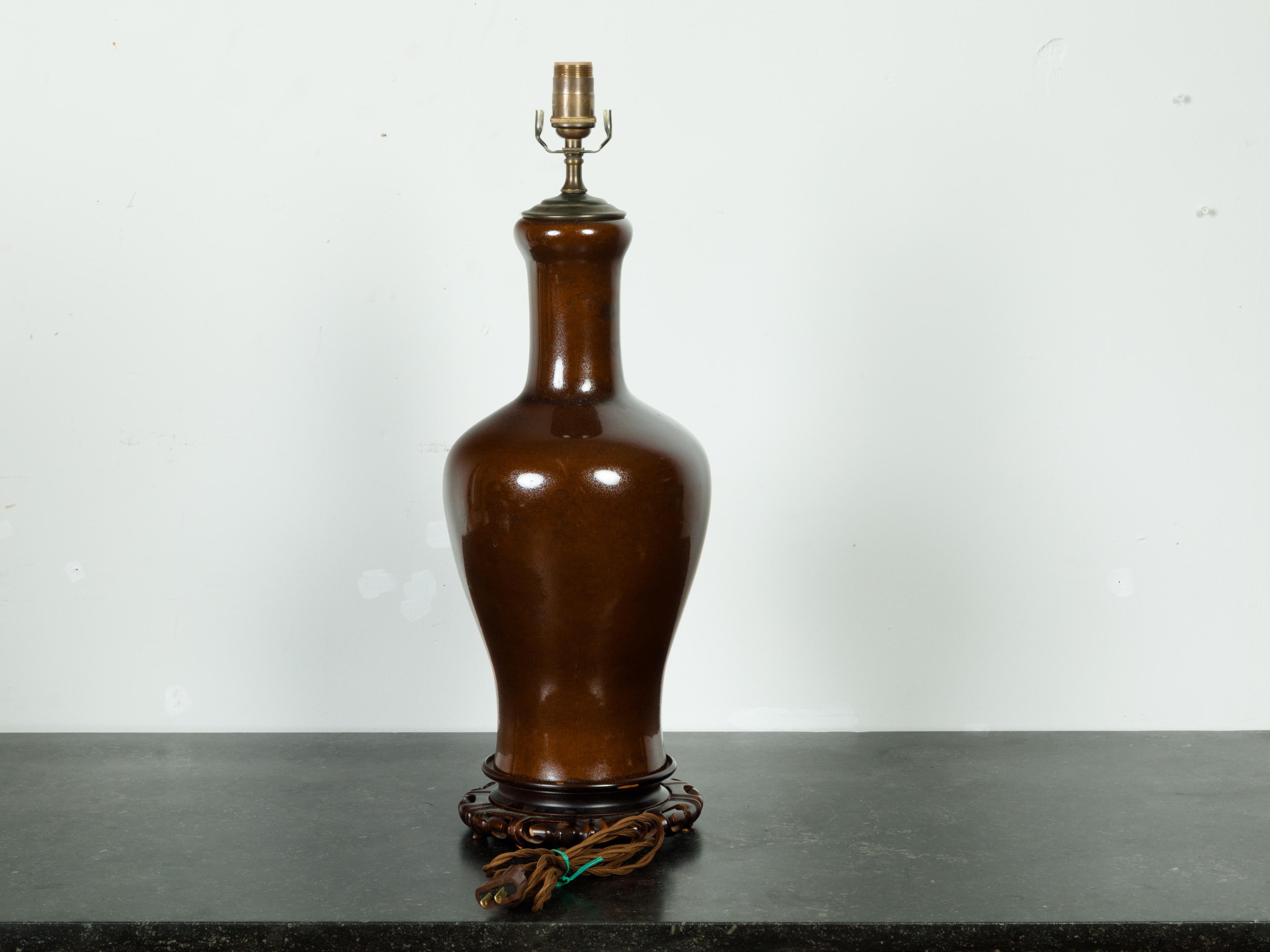 Other Chinese Midcentury Table Lamp with Carved Wooden Base, US Wired For Sale
