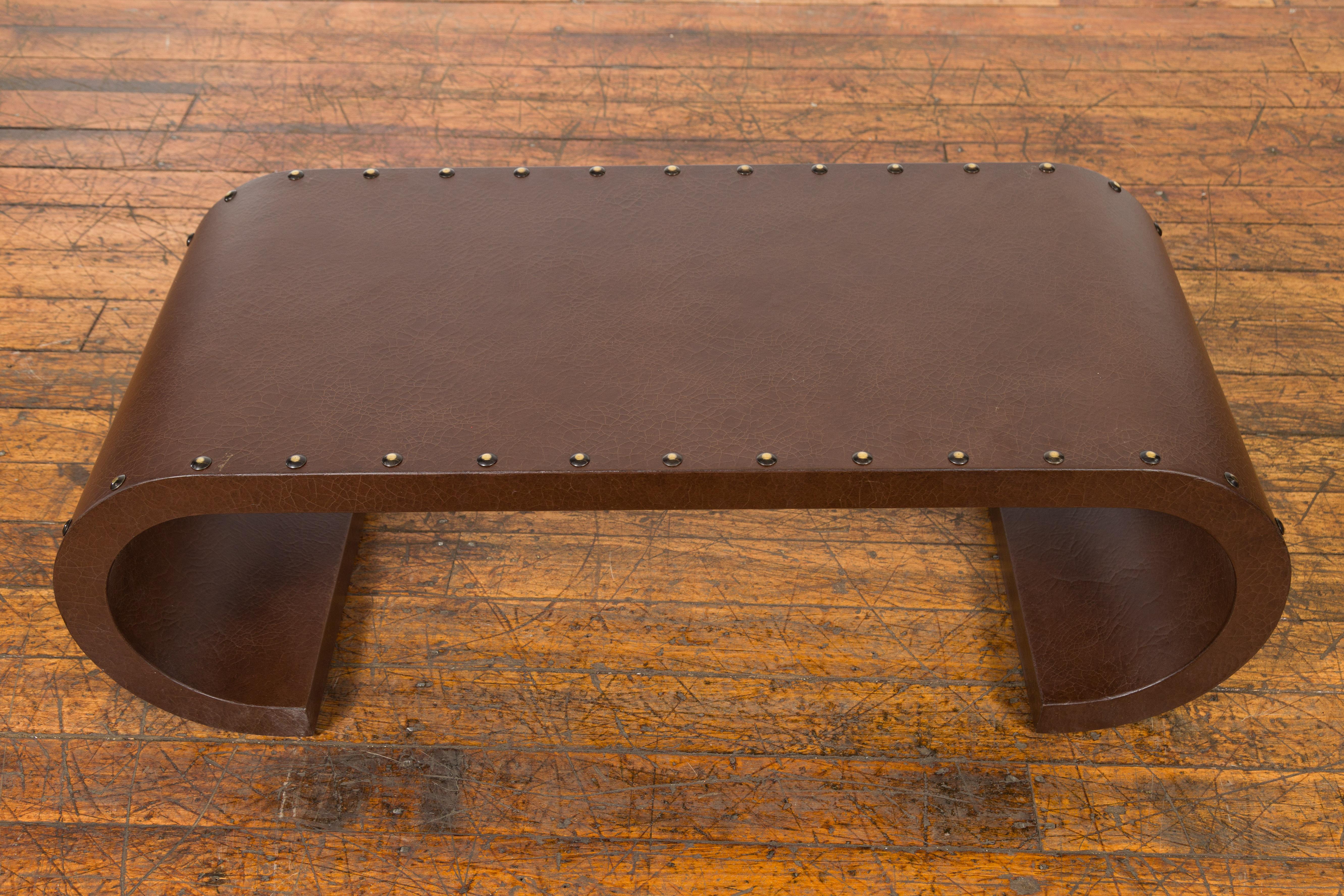 Chinese Midcentury Waterfall Scroll Table with Crackled Brown Faux Leather For Sale 3
