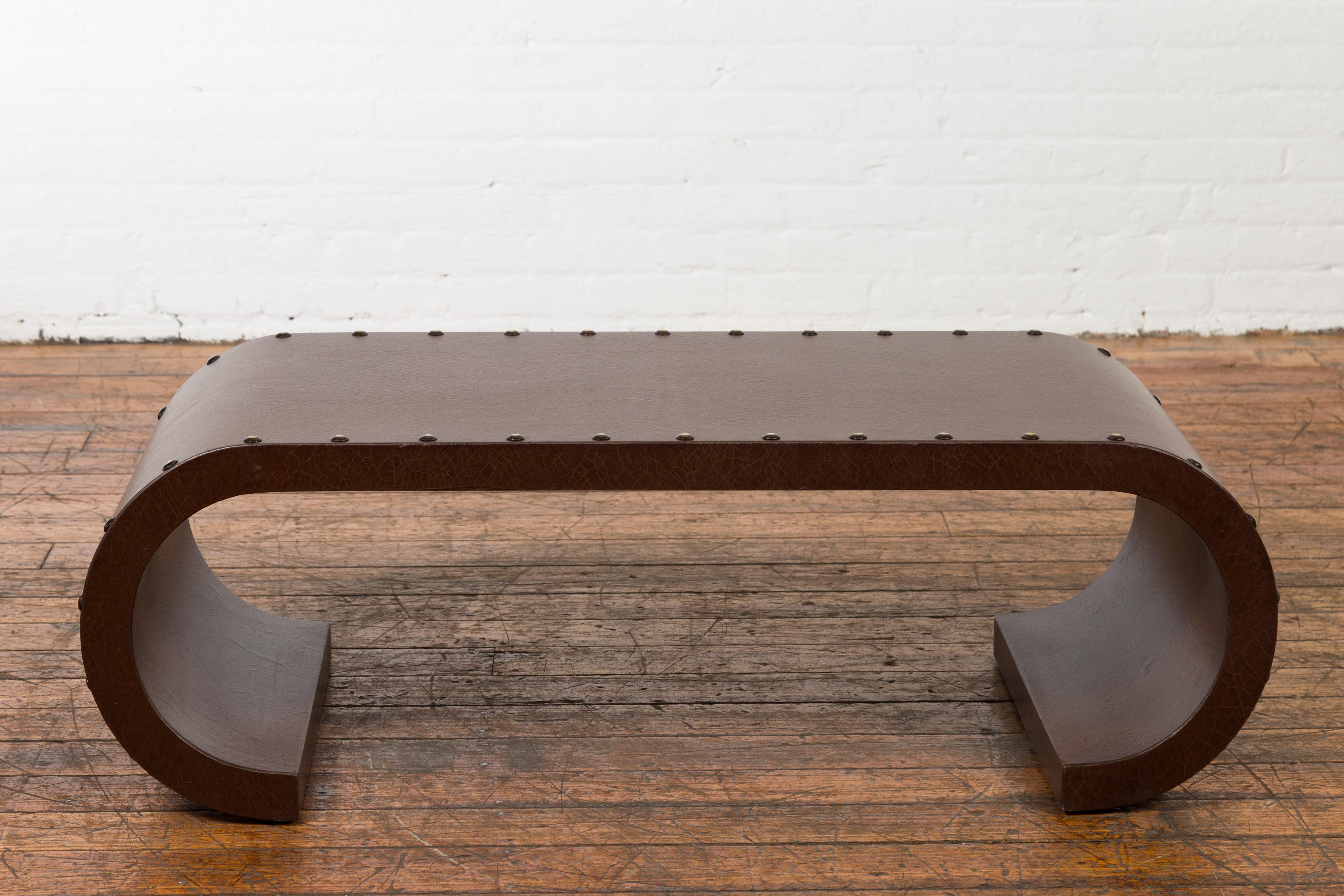 Chinese Midcentury Waterfall Scroll Table with Crackled Brown Faux Leather For Sale 5