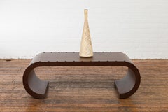 Midcentury Waterfall Scroll Table with Crackled Brown Faux Leather