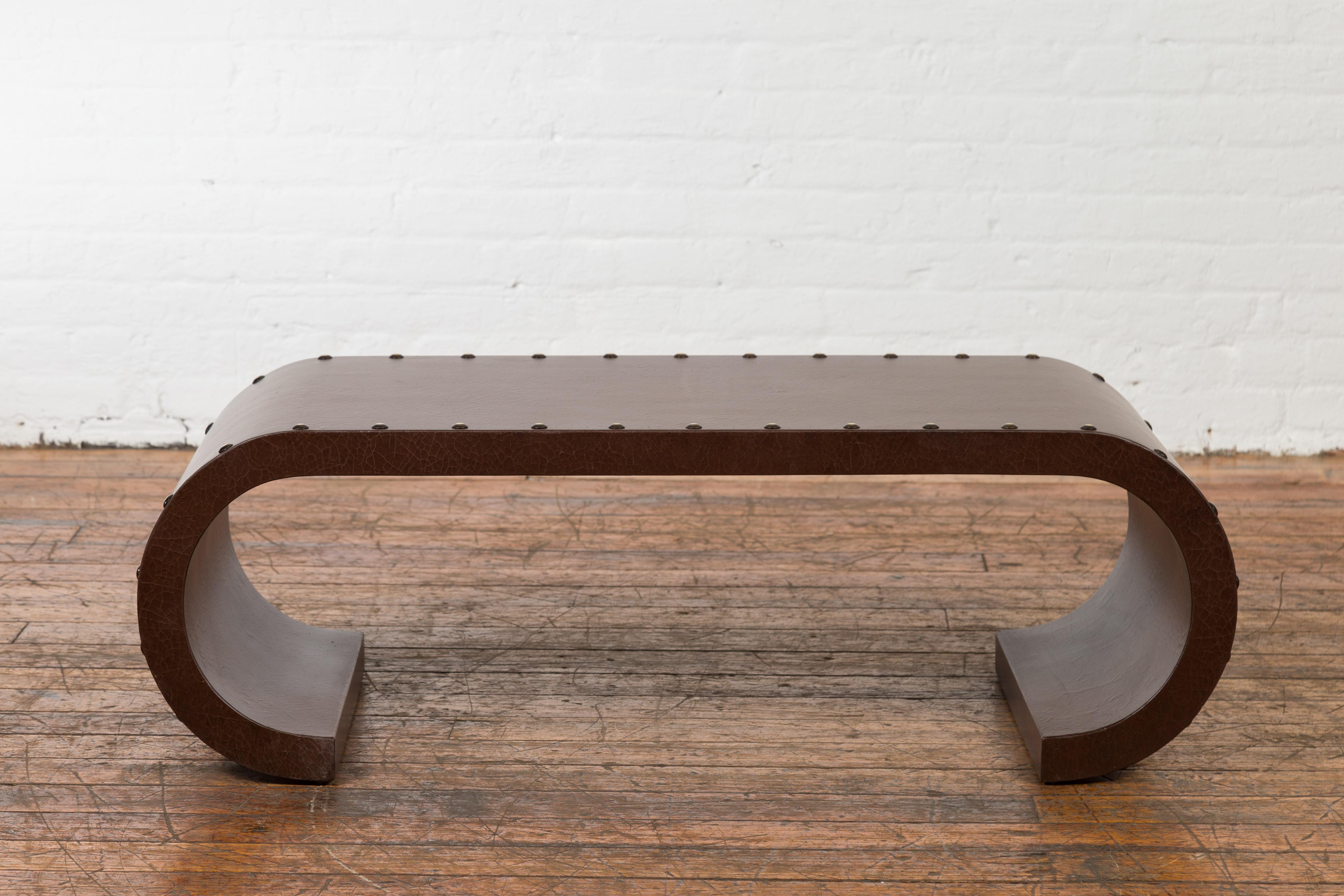 Mid-Century Modern Chinese Midcentury Waterfall Scroll Table with Crackled Brown Faux Leather For Sale