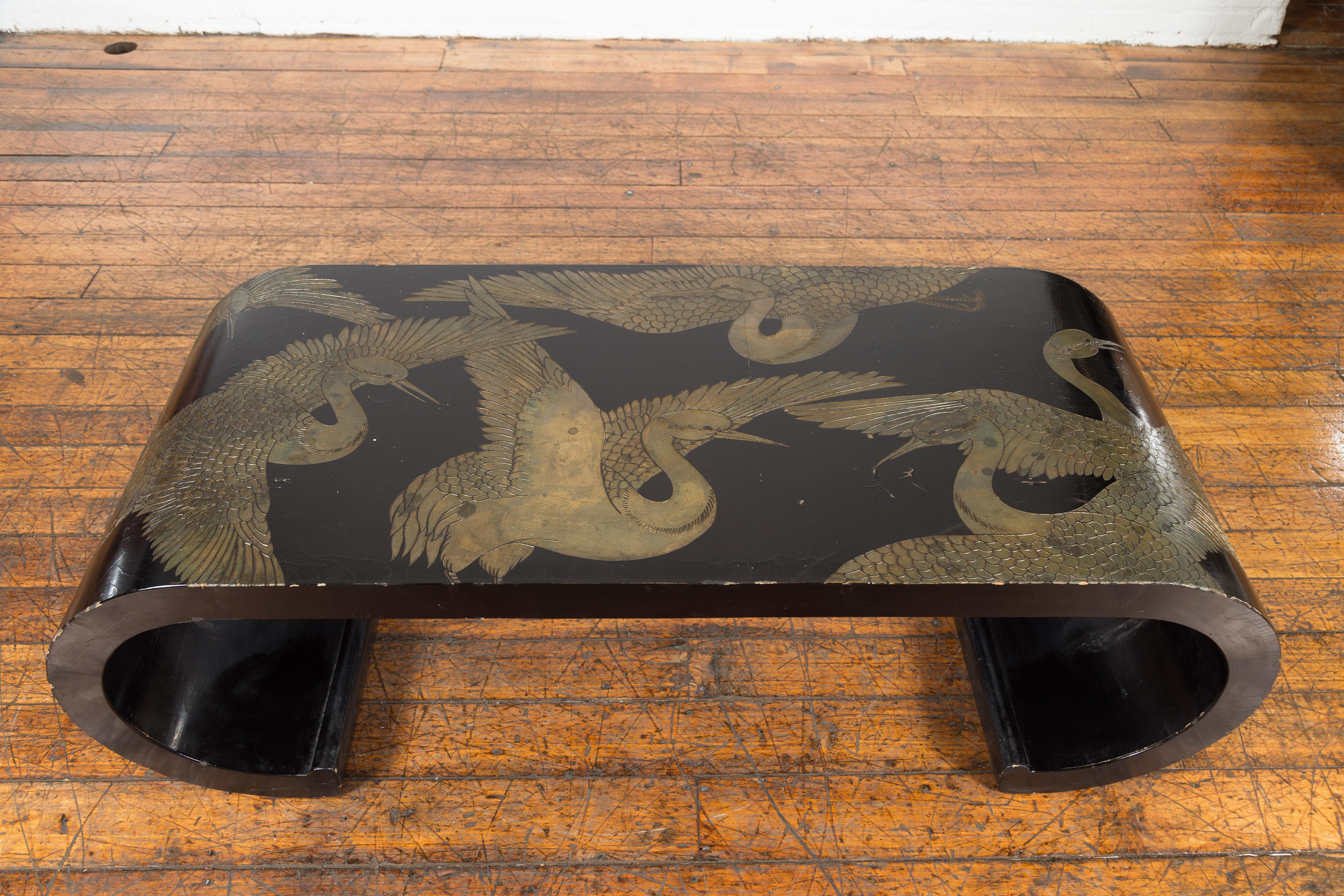 20th Century Chinese Midcentury Waterfall Scroll Table with Reserved Birds Décor