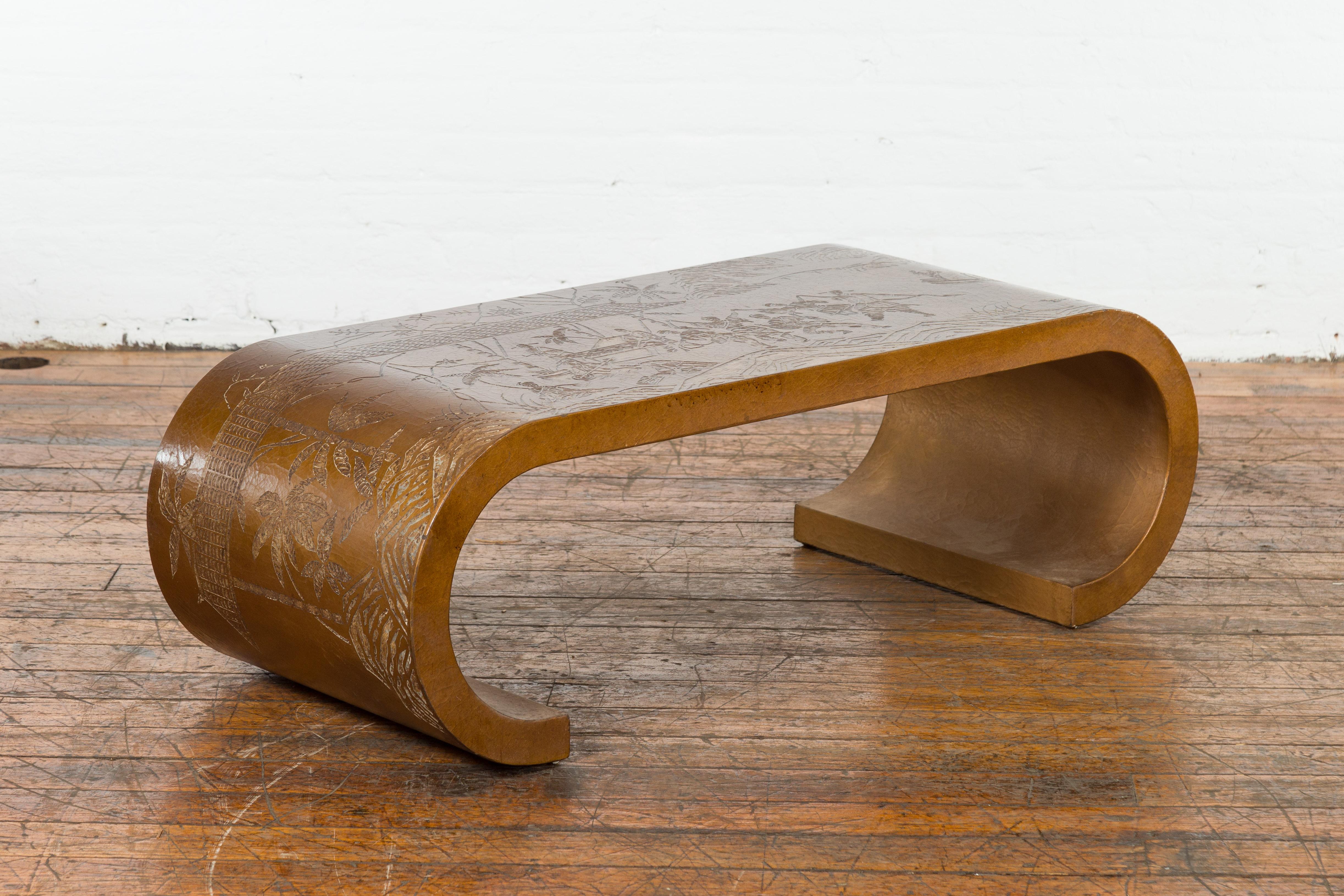 Midcentury Waterfall Scroll Table with Reserved Court Scenes Décor For Sale 3