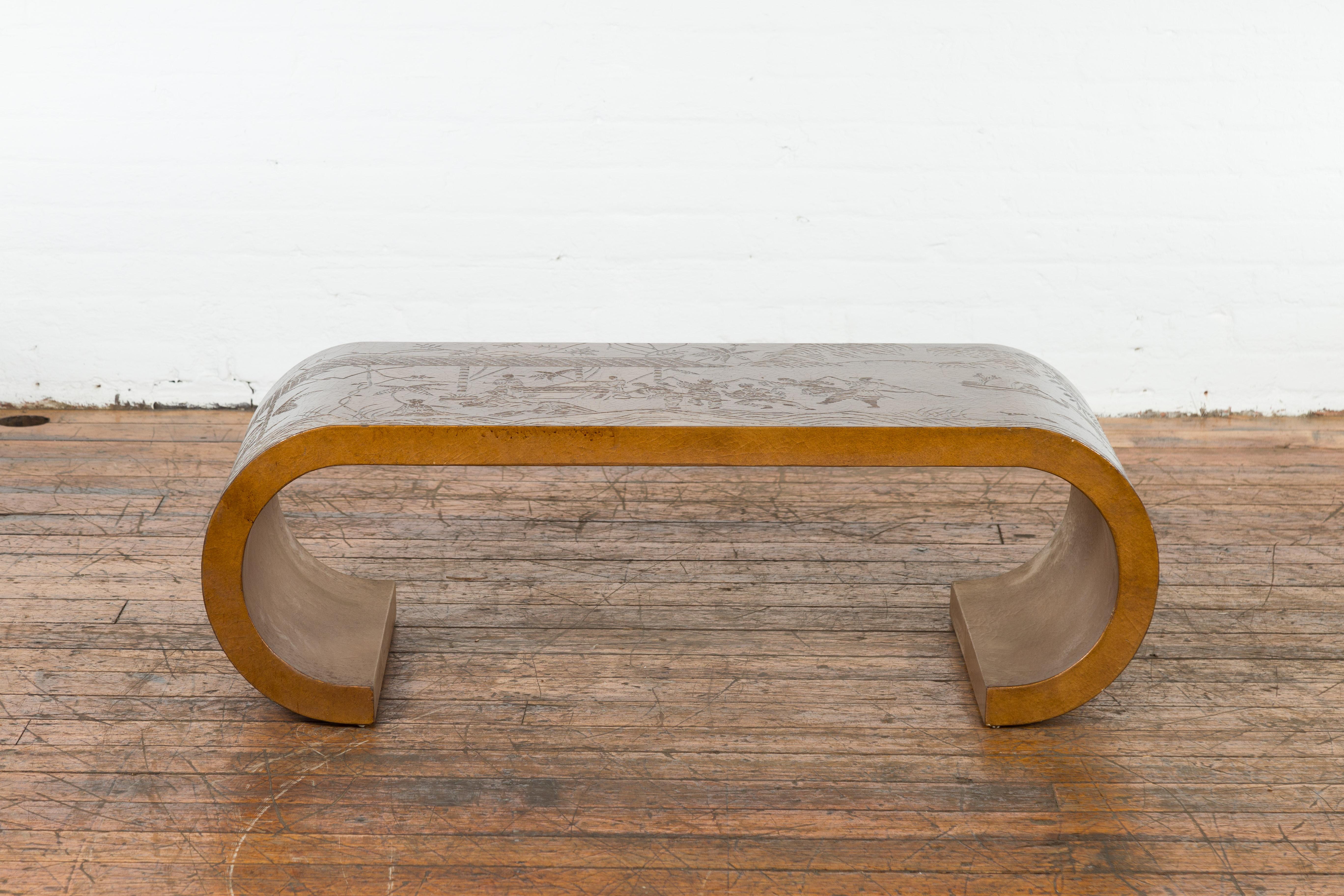 Mid-Century Modern Chinese Midcentury Waterfall Scroll Table with Reserved Court Scenes Décor For Sale