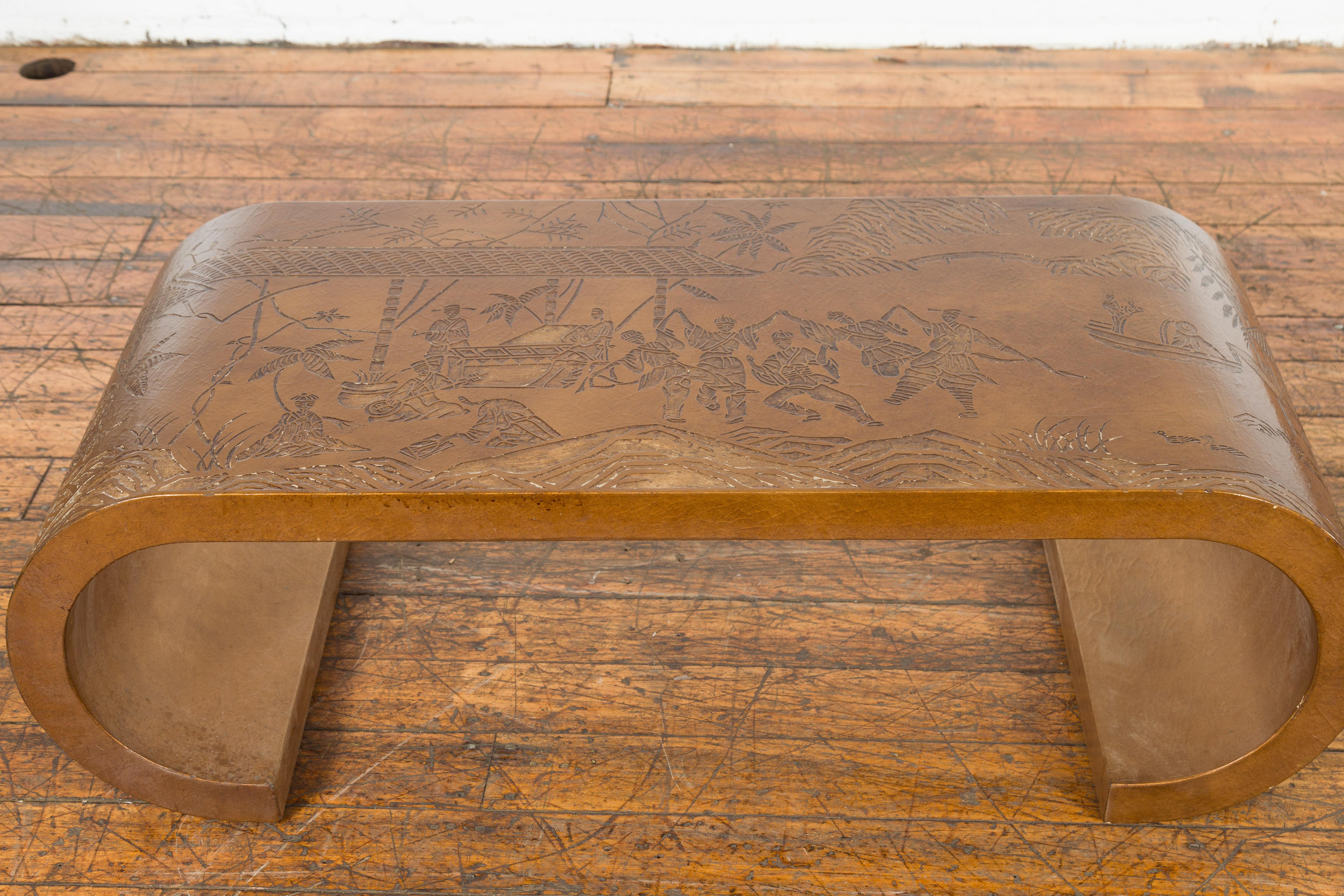 Lacquered Chinese Midcentury Waterfall Scroll Table with Reserved Court Scenes Décor For Sale