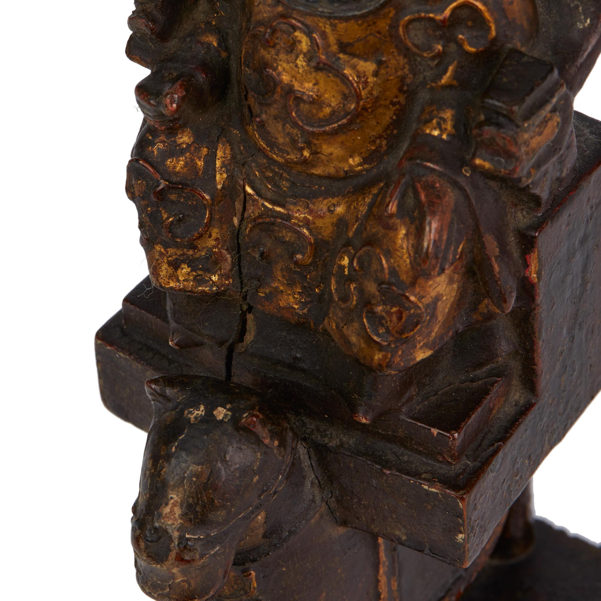 17th Century Chinese Ming Carved & Lacquered Wooden Dignitary on Horseback Figure