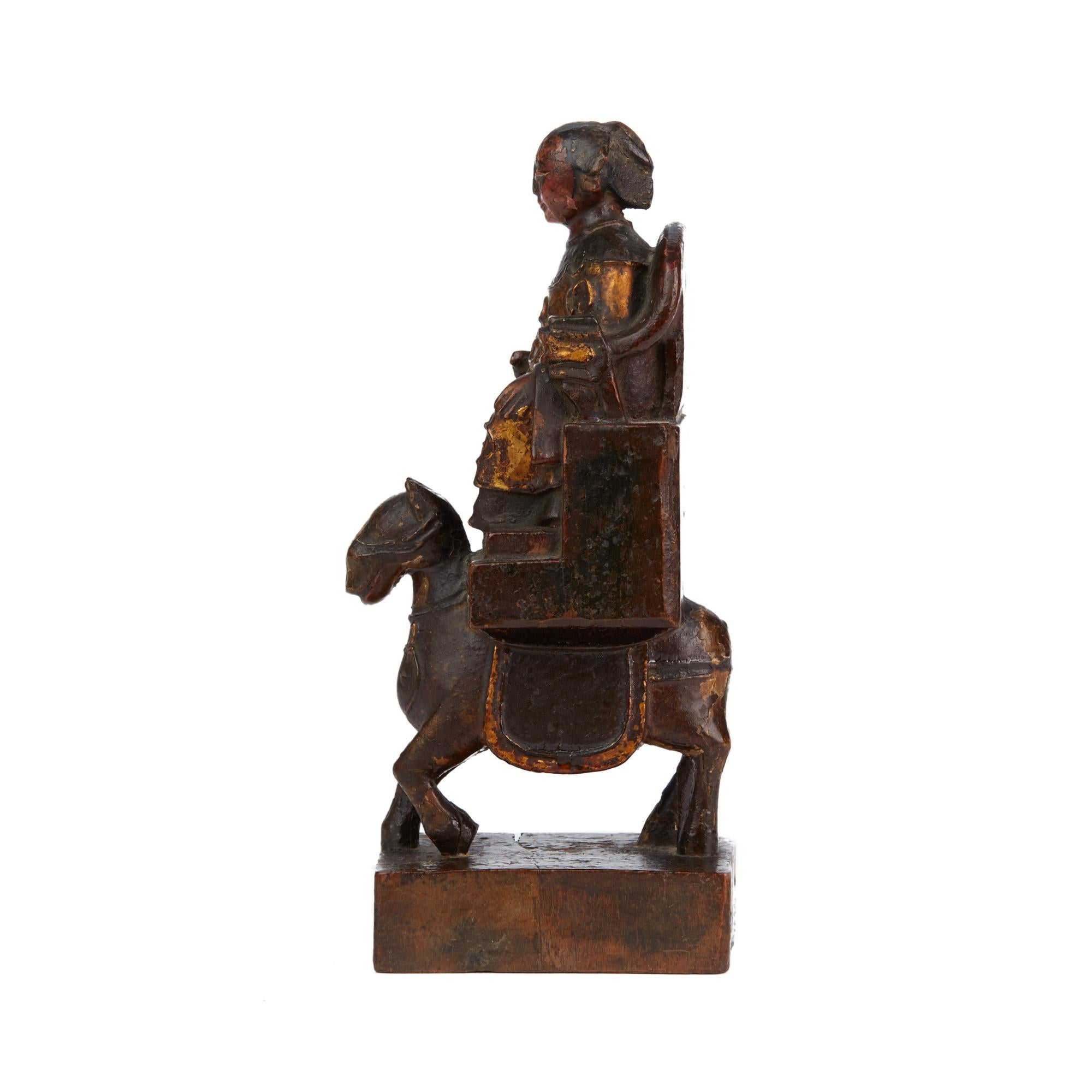 Chinese Ming Carved & Lacquered Wooden Dignitary on Horseback Figure 5