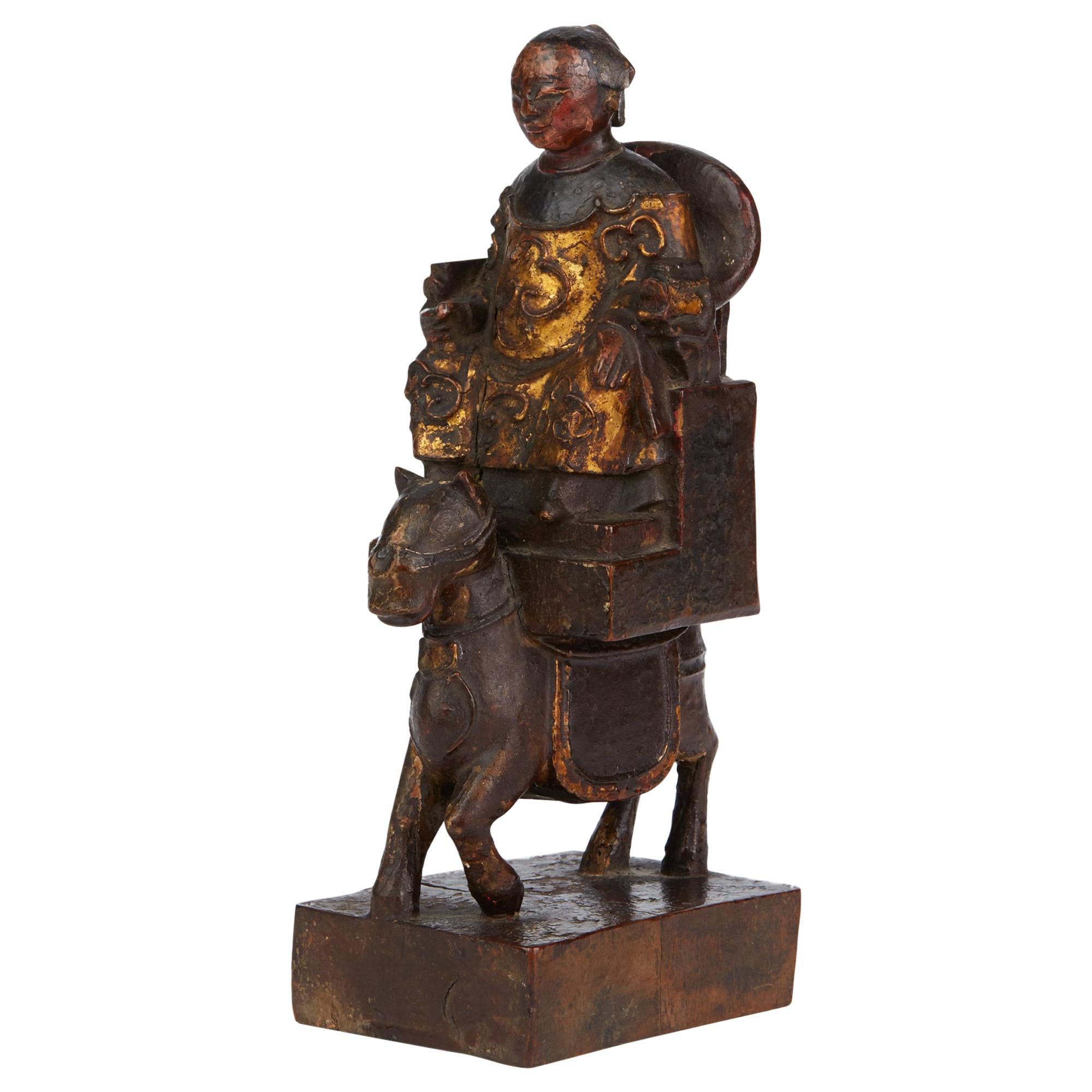 Chinese Ming Carved & Lacquered Wooden Dignitary on Horseback Figure