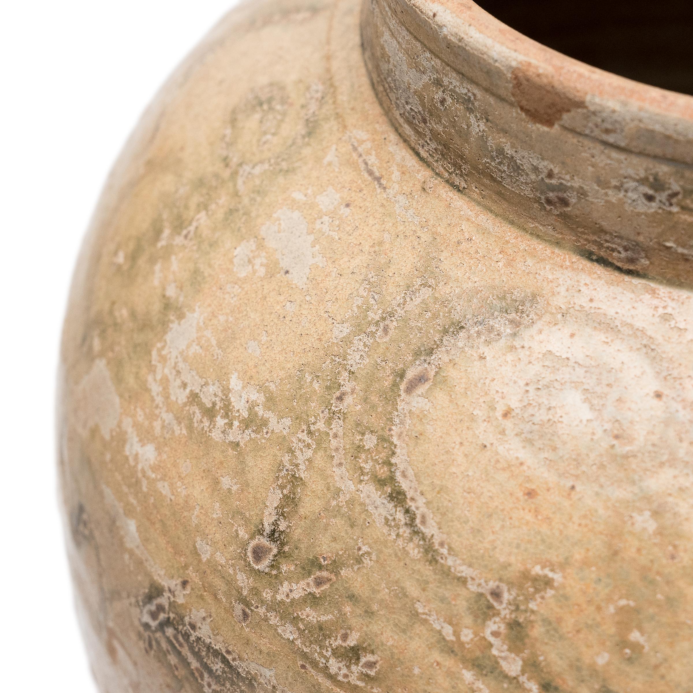 Earthenware Chinese Ming Cobalt Brushed Celadon Jar, c. 1500 For Sale