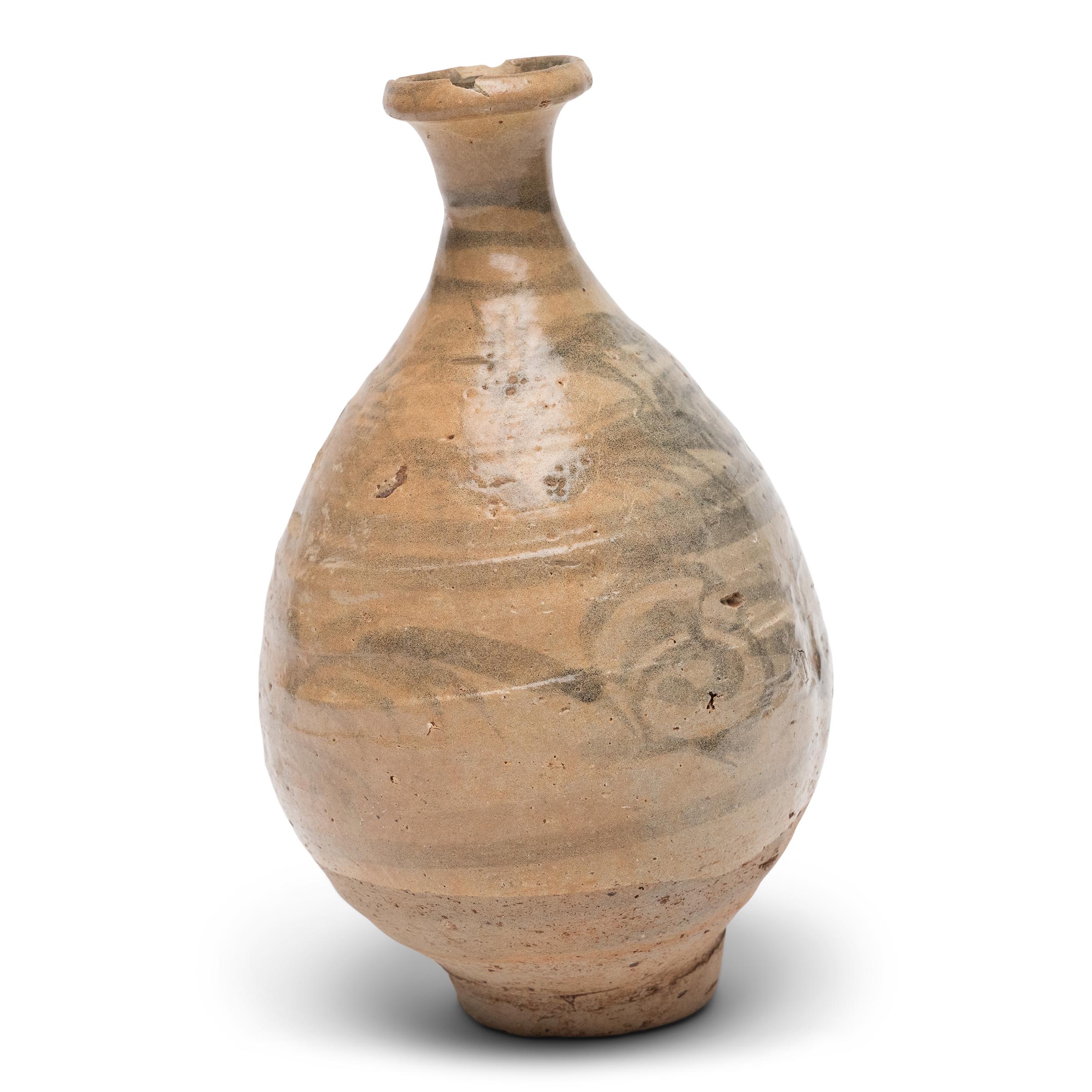 Glazed Chinese Ming Cobalt Brushed Oil Bottle, c. 1550 For Sale