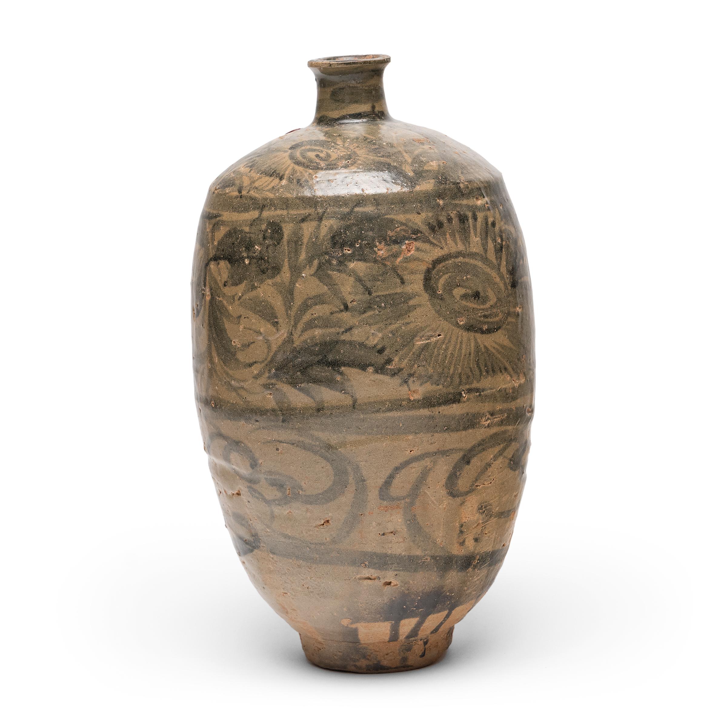 Glazed Chinese Ming Cobalt Brushed Wine Bottle, c. 1550 For Sale