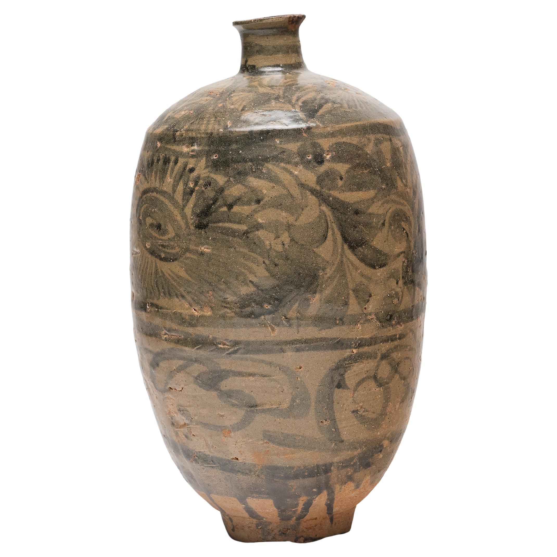 Chinese Ming Cobalt Brushed Wine Bottle, c. 1550 For Sale