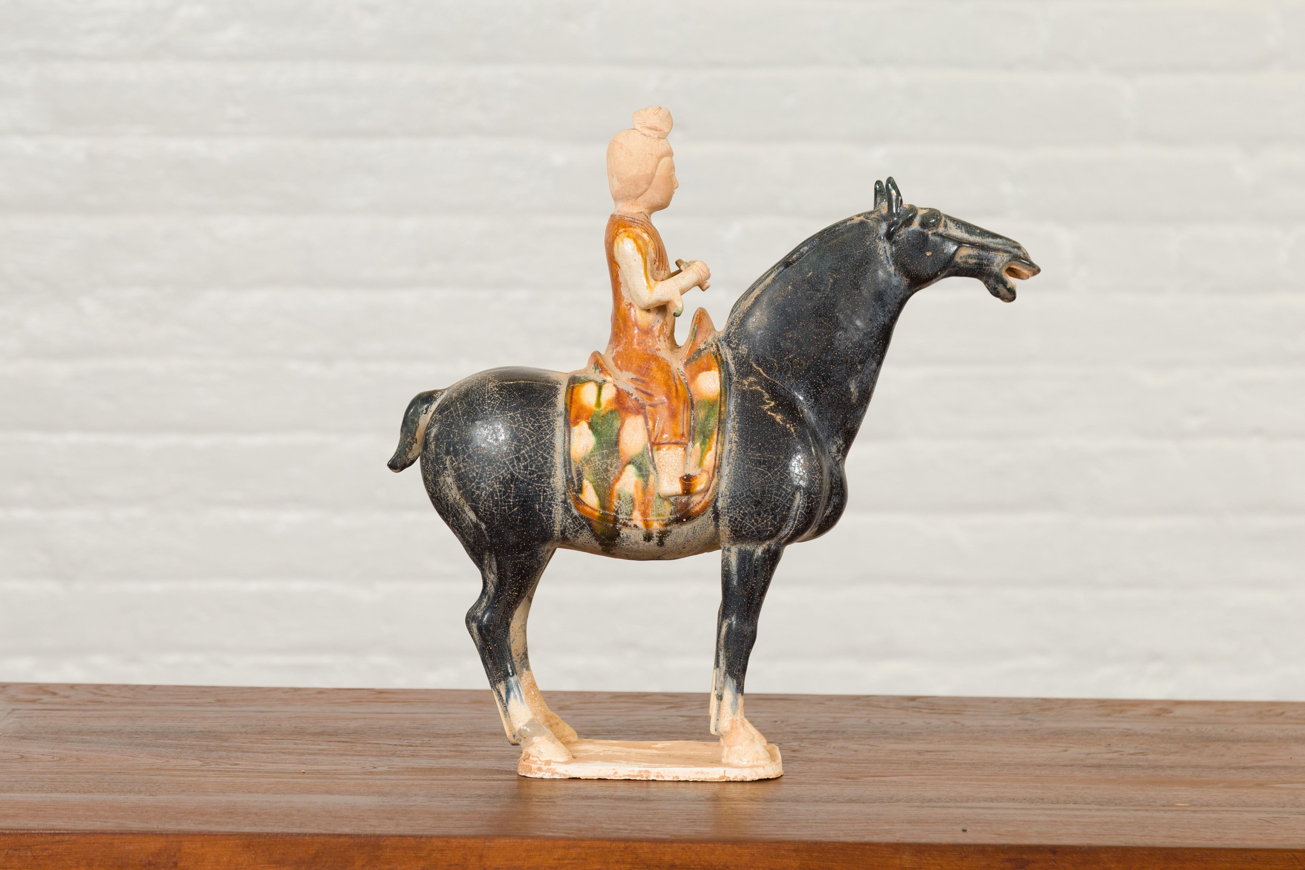 Chinese Ming Design Glazed Terracotta Horse and Rider Sculpture on Base 7