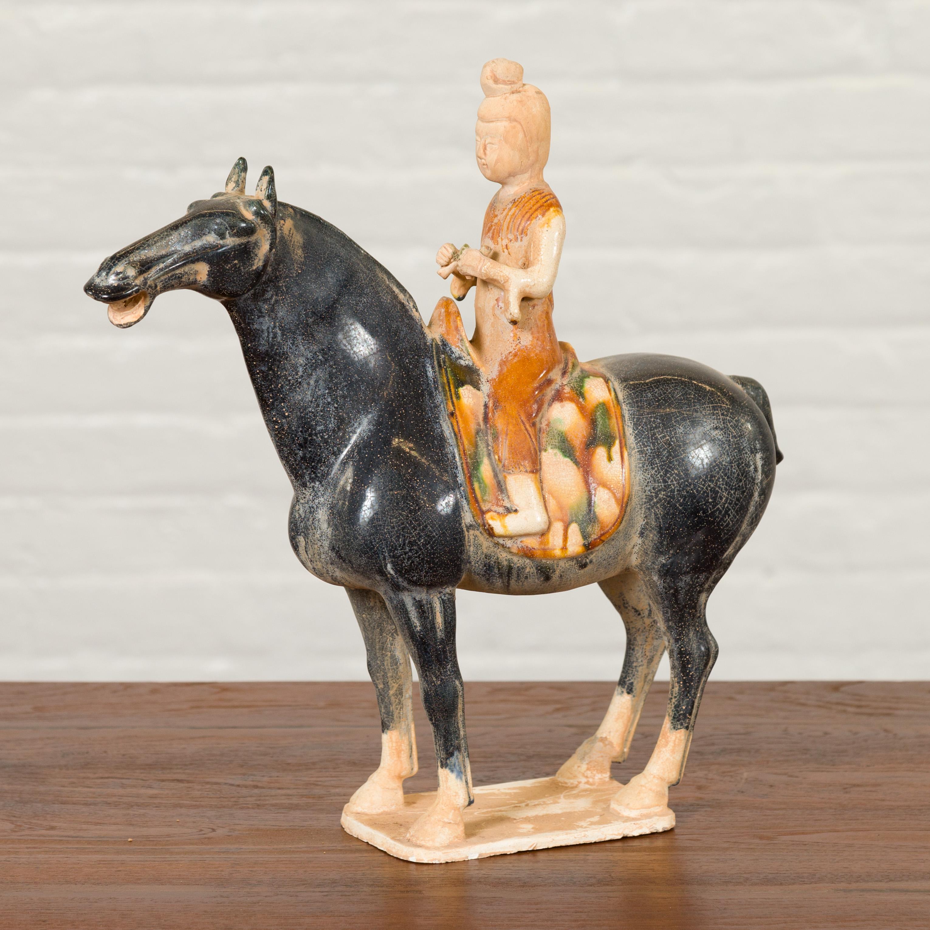 20th Century Chinese Ming Design Glazed Terracotta Horse and Rider Sculpture on Base